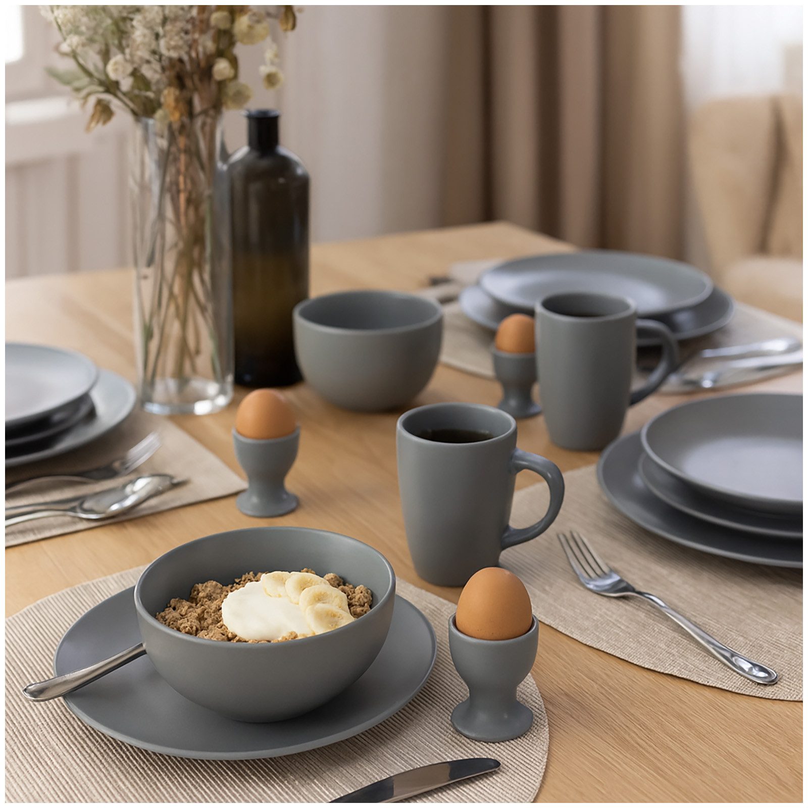 NTK-Collection Frühstücks-Geschirrset Tafelservice für 4 Personen Grau (20-tlg), Keramik, Frühstücksset Geschirrset