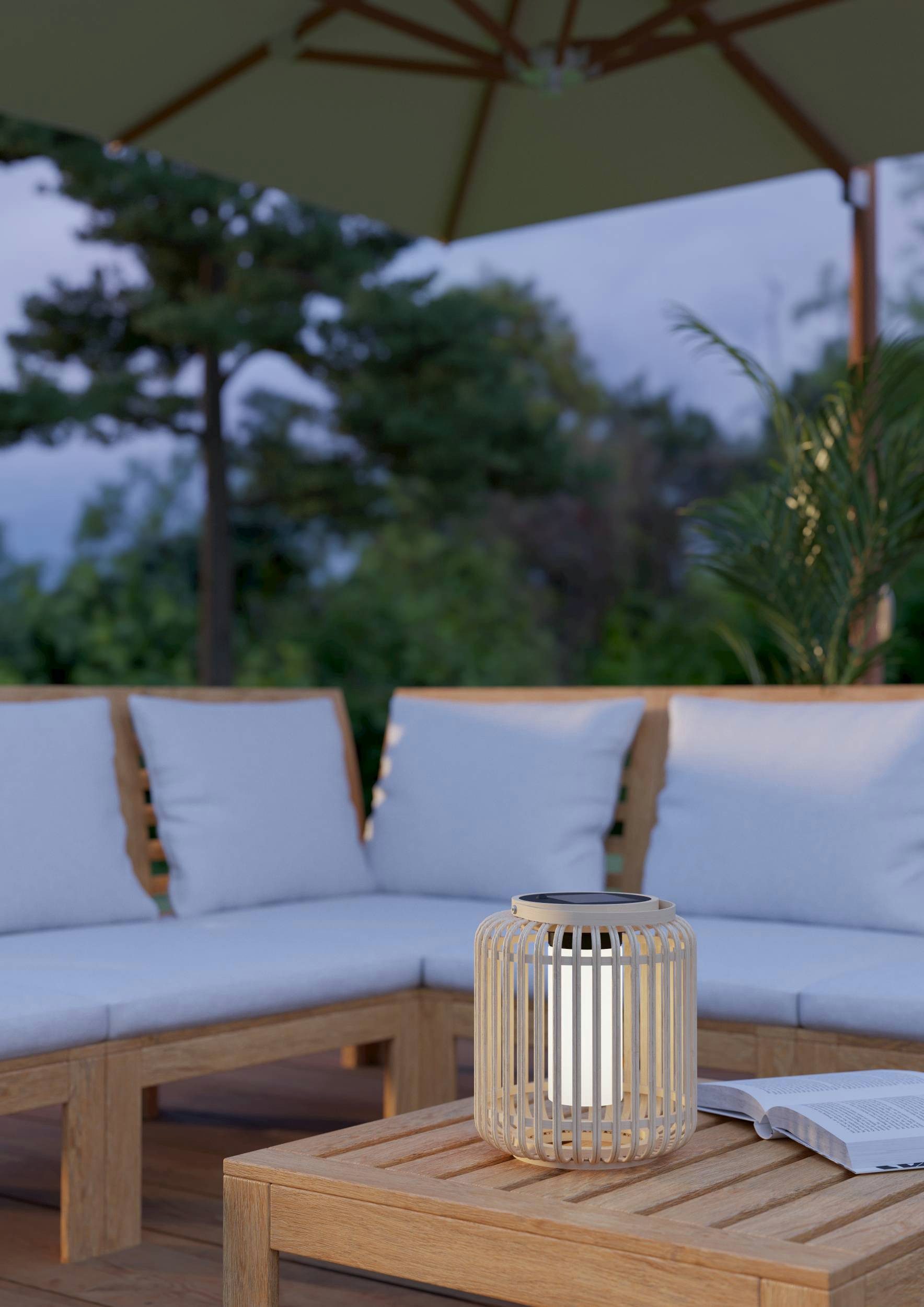EGLO Tischleuchte Marliano Tischlampe, Solarlampe Boho, Windlicht, Rattan, IP44, Lampe, Ein-/Ausschalter, LED fest integriert, Neutralweiß, Tischleuchte - H24 x Ø21 cm - braun, schwarz - 3,3W inkl.