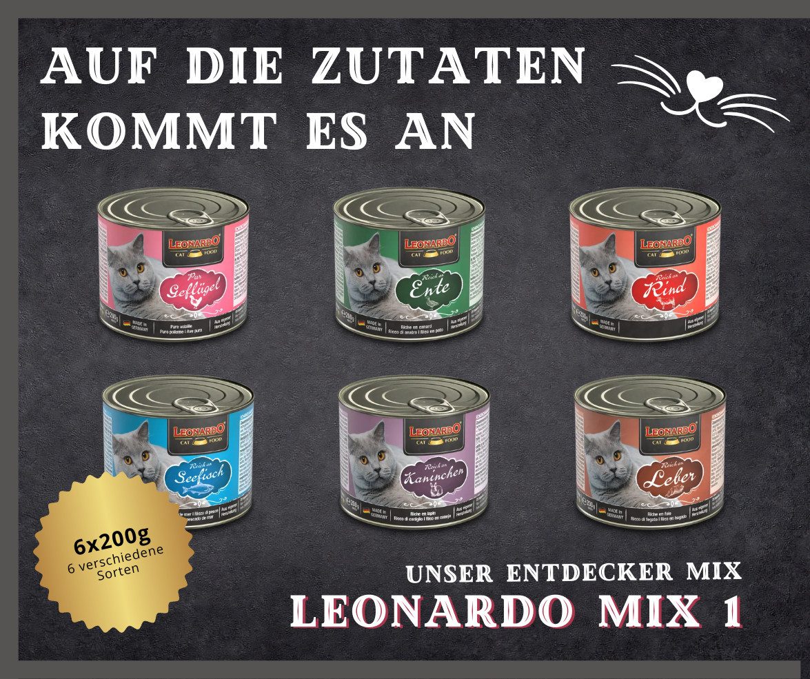 Leonardo Catfood Nassfutter Mix - Rind, Ente, Geflügel Pur, Leber, Kaninchen & Seefisch 6x200g, Nassfutter für: Katzen