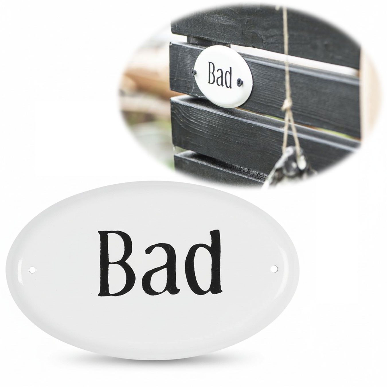 LS-LebenStil Metallschild Vintage Metall Türschild Bad 9x5,5cm Toilettenschild Deko Nostalgie, (Oval Weiß Schwarz Metallschild für Tür Türrahmen Bad Badezimmer, 1 St., Gäste WC Dekoschild Nostalgieschild Deko Schild Blechschild)