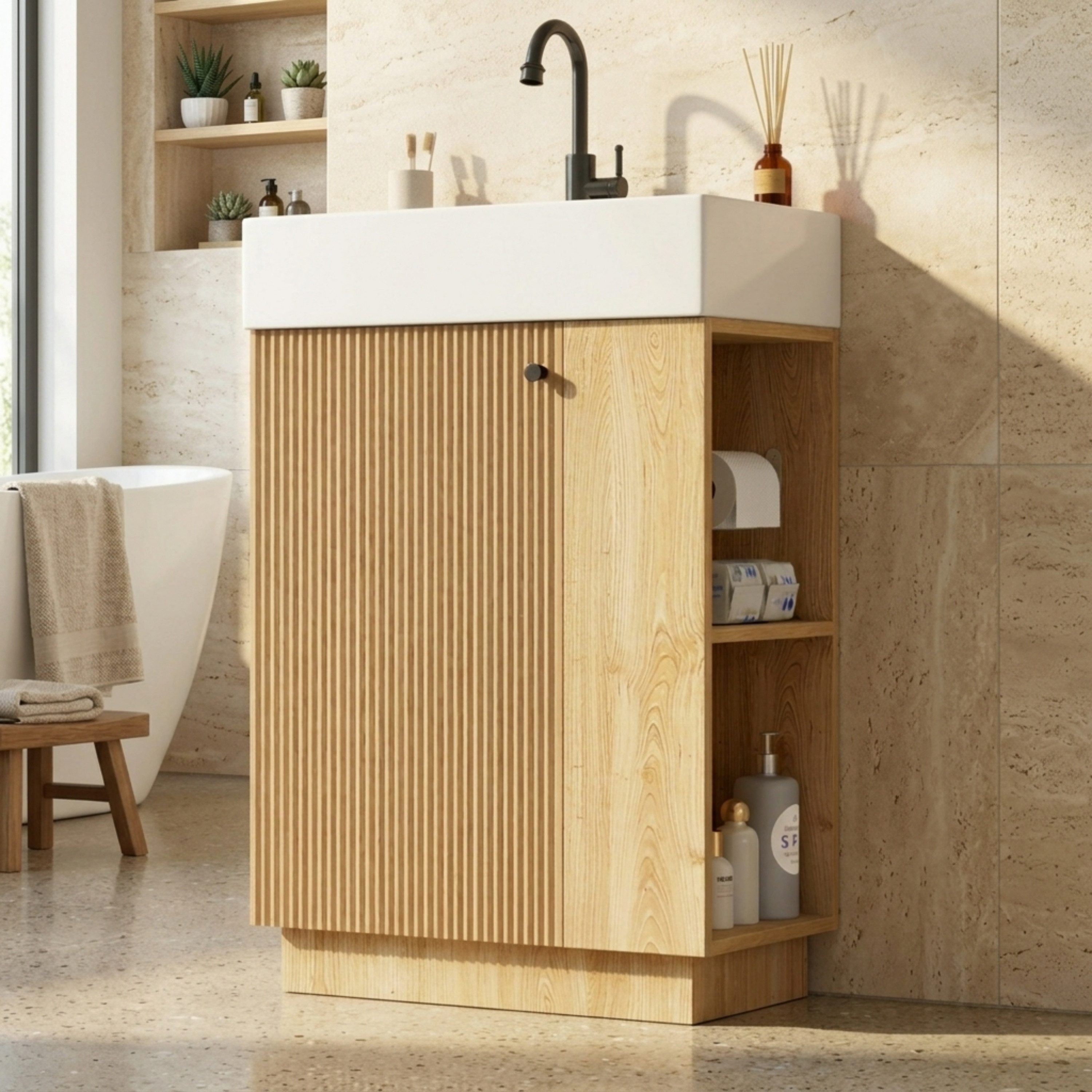 Merax Waschtisch mit Waschbecken, Badmöbel freistehend, geriffelte Holzoptik (55×32×87cm, 1-St., Unterschrank ohne Wasserhahn), Badzimmerschrank mit Soft-Close Tür, Stauraum & Toilettenpapierhalter