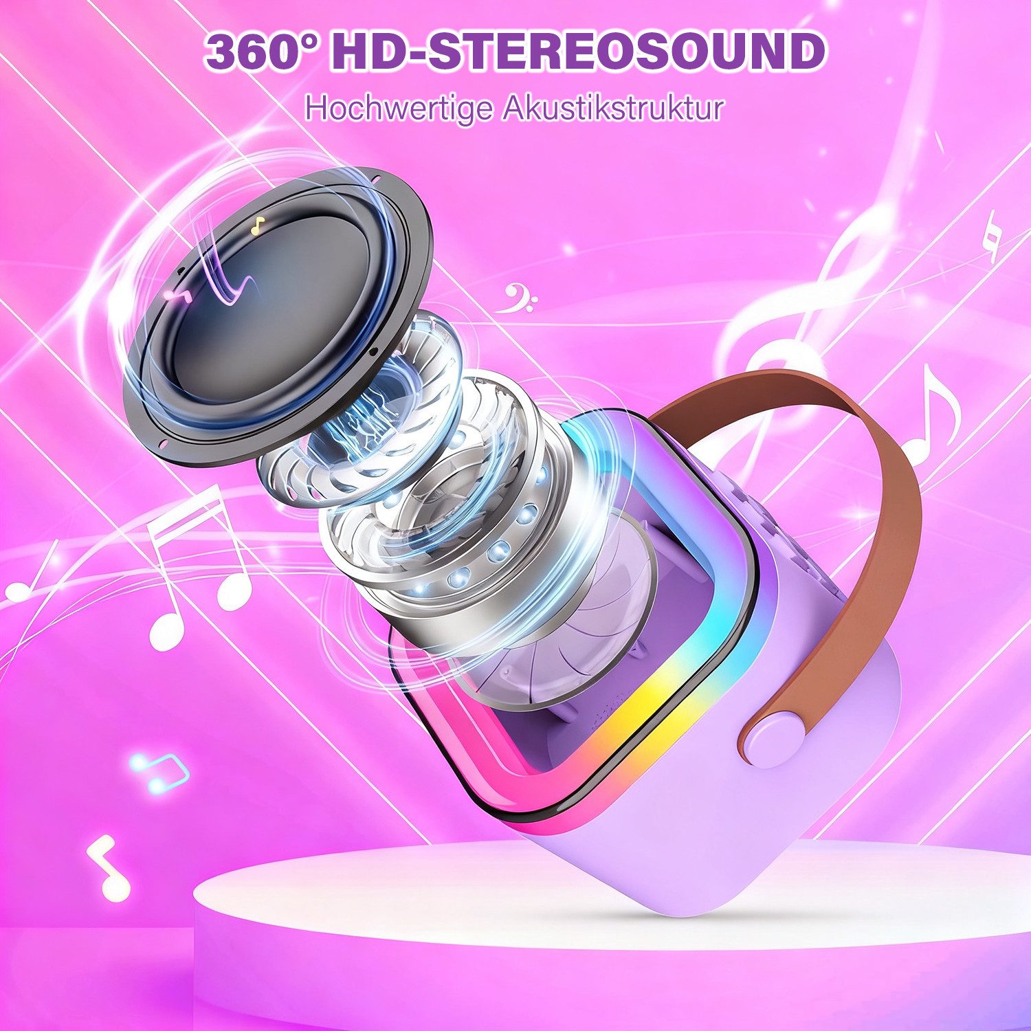 MOPUEA Mini-Karaoke-Set Karaoke-Maschine mit 2 kabellosen Mikrofonen Bluetooth-Lautsprecher (5 W, Spielzeug, Partygeschenk, tragbar, Geschenke)