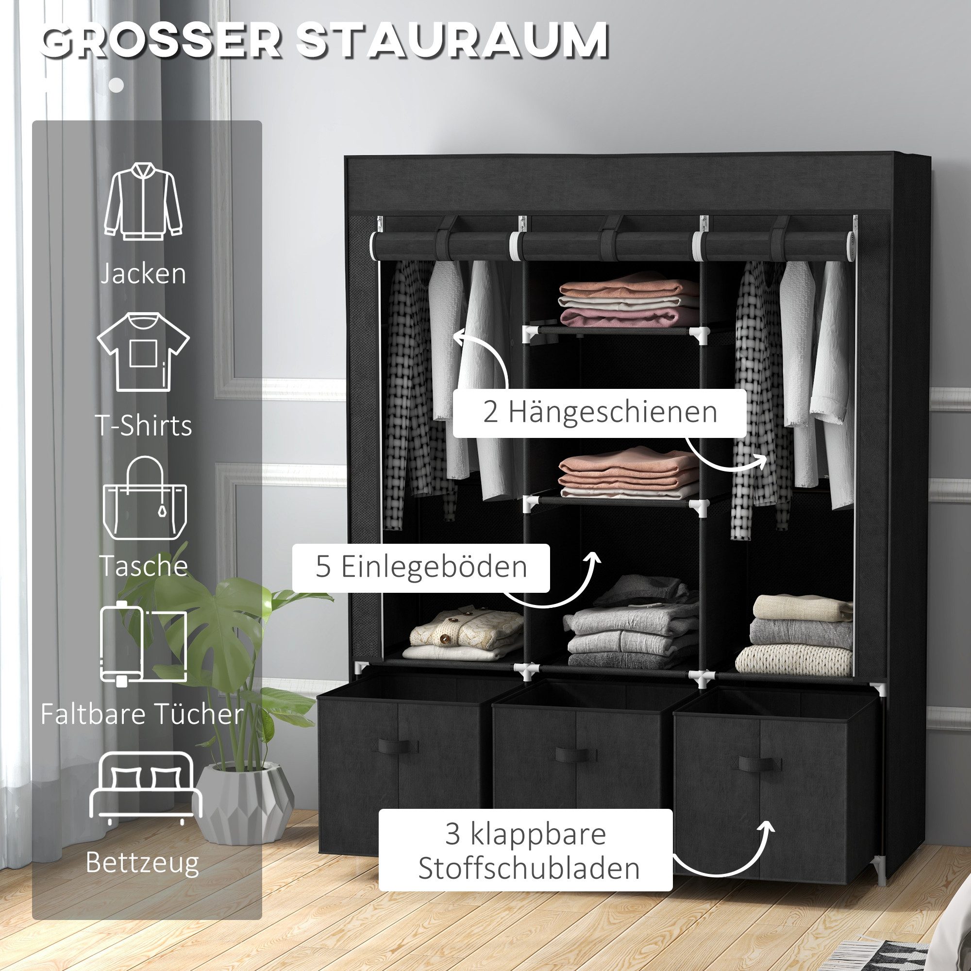 HOMCOM Stoffschrank Kleiderschrank mit Kleiderstange, Schubladen, Reißverschluss (Faltbare Garderobe, 1-St., Faltschrank) Schwarz, 125 x 43 x 162,5 cm – Bild 4 von 5