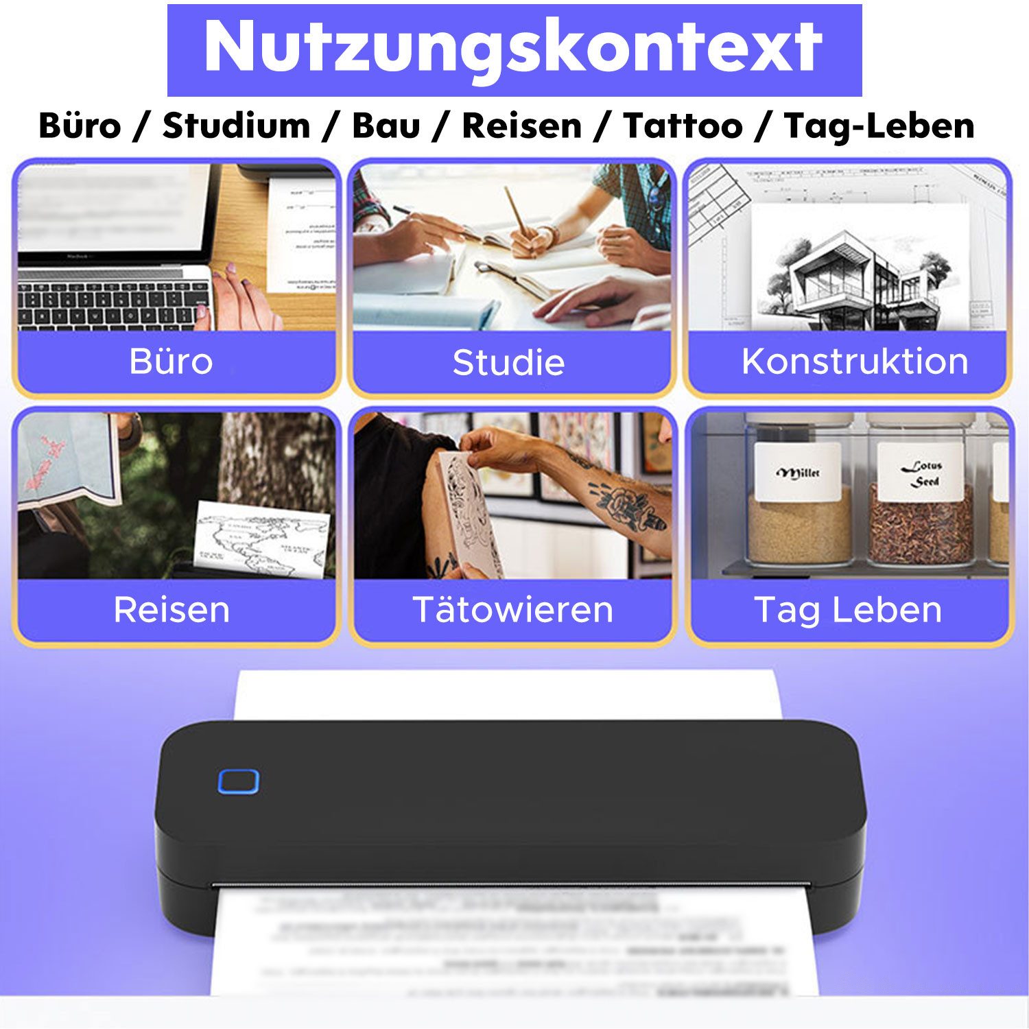 Refttenw Tragbarer Thermodrucker A4, Mobiler Drucker, Multifunktionsdrucker, (USB, Bluetooth, Kabelloser Bluetooth-Drucker, mit 1 Thermopapierrolle)
