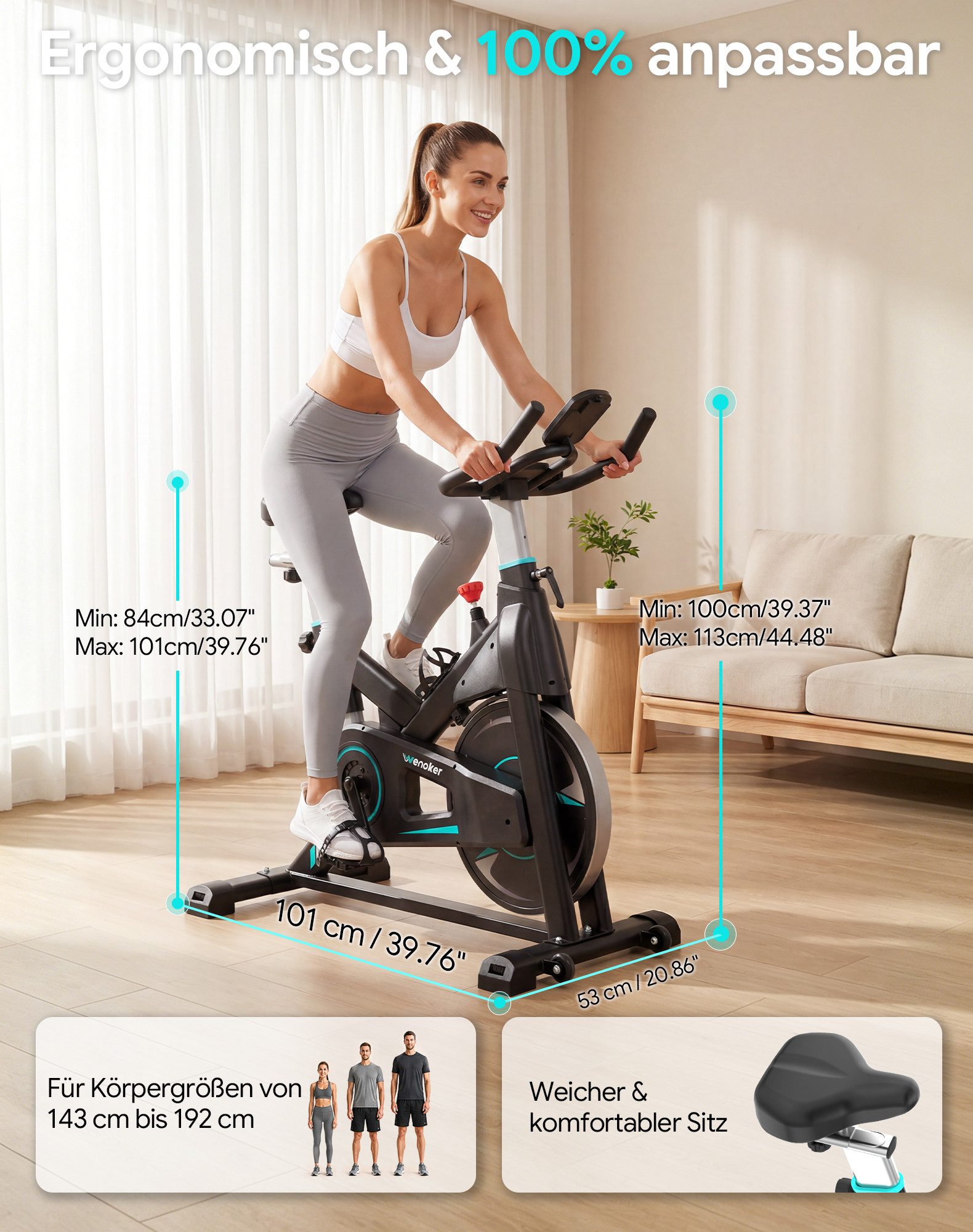 Wenoker Heimtrainer Magnetwiderstand Heimtrainer Fahrrad mit App, LCD-Monitor&Flüsterleise (Spar-Set, 1x Anleitung, 1x Werkzeugset, 1x Heimtrainer), Magnetwiderstand, App-Anbindung, schweres Schwungrad, LCD-Monitor