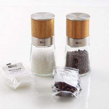 AdHoc Salz-/Pfeffermühle Set aus 2 Gewürzmühlen AKASIA manuell, (2 Stück), edler Glascontainer und Keramik-Mahlwerk, Füllung inklusive