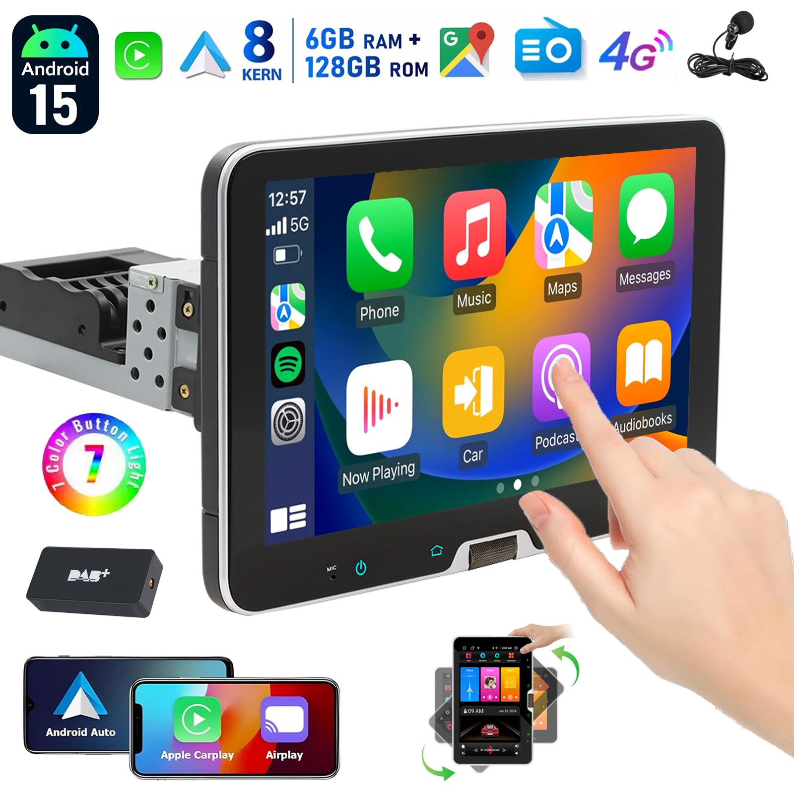 ESSGOO DAB 1DIN Autoradio Android15 64/128GB Carplay Navi WiFi 360° drehbarer Autoradio (DAB (optional), DAB+ (optional), FM, RDS, 4+64GB(optional), 6+128GB(optional), 4G LTE, Carplay Android Auto Bluetooth EQ USB GPS Navi WIFI Touchscreen)