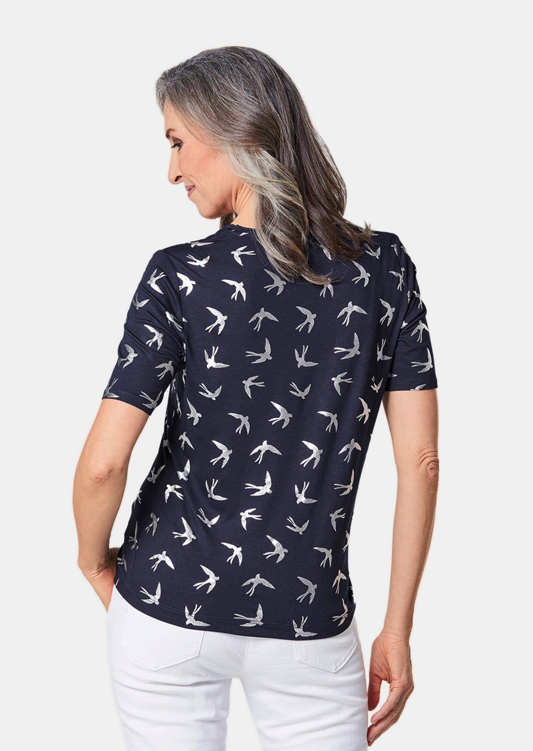 Topmodisches silber Druck Print-Shirt Shirt / mit GOLDNER marine glänzendem