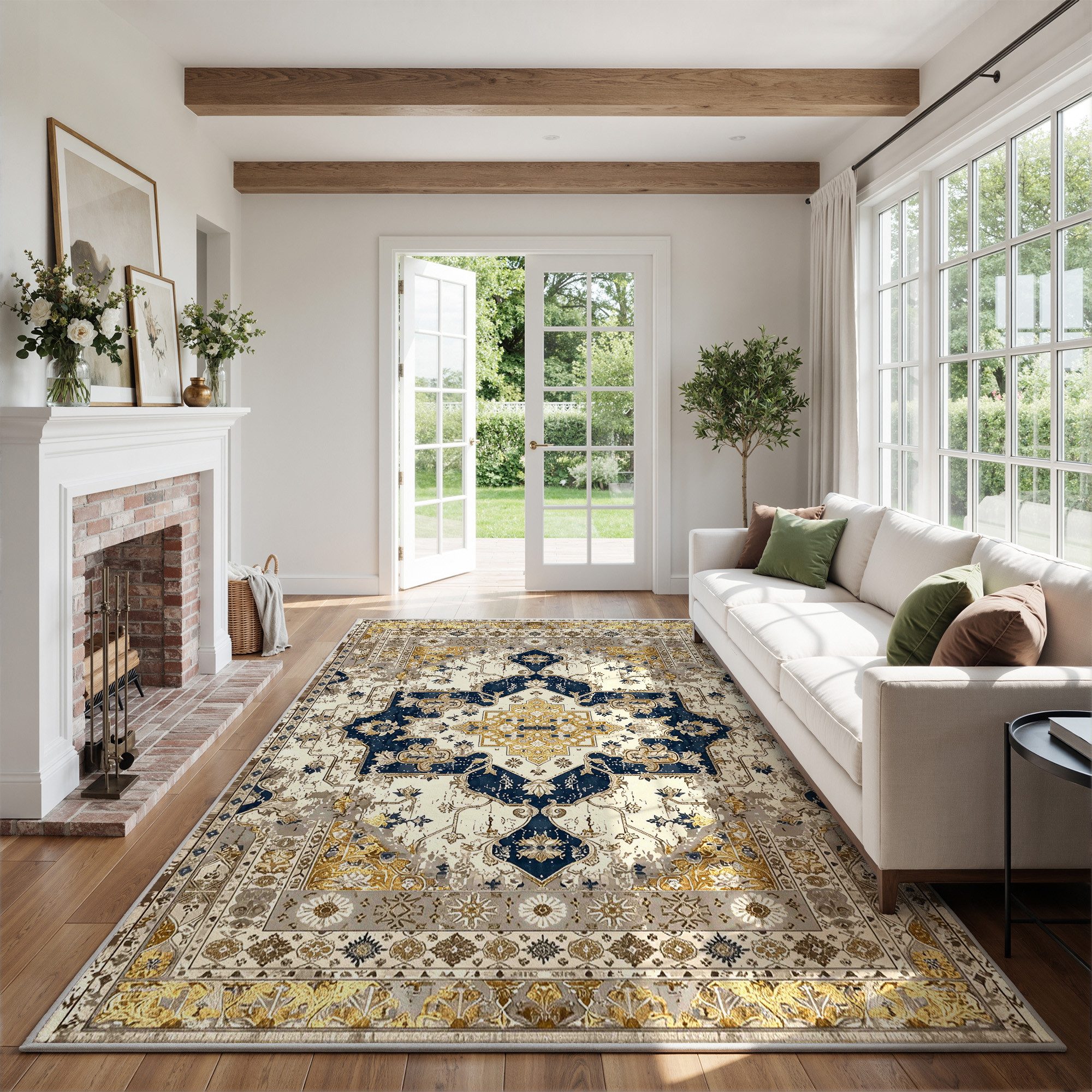 Klyvvo Teppich Boho Retro Kurzflor Teppich mit Blumenmuster rechteckig, Höhe: 8.5 mm, Rechteckig, hohe Flordichte, weich, Maschinwaschbar mit Rutschfester TPE-Unterlage
