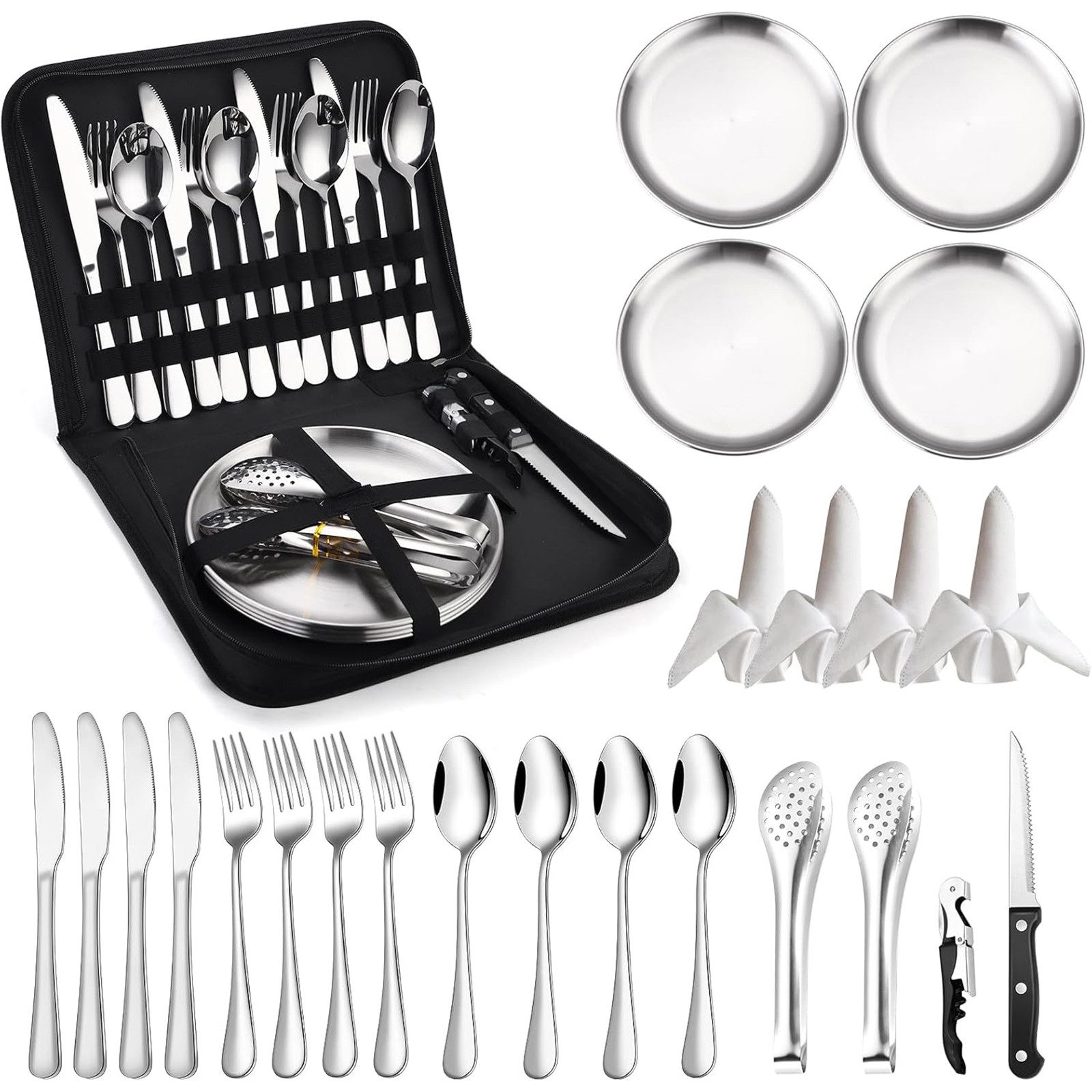 SURFOU Besteck-Set Camping Geschirr Set 4 Personen, 24 Stück Camping Besteck Set, 4 Personen, Besteck Camping mit Ложки Gabel Ножи Teller Clip für Camping,Reisen