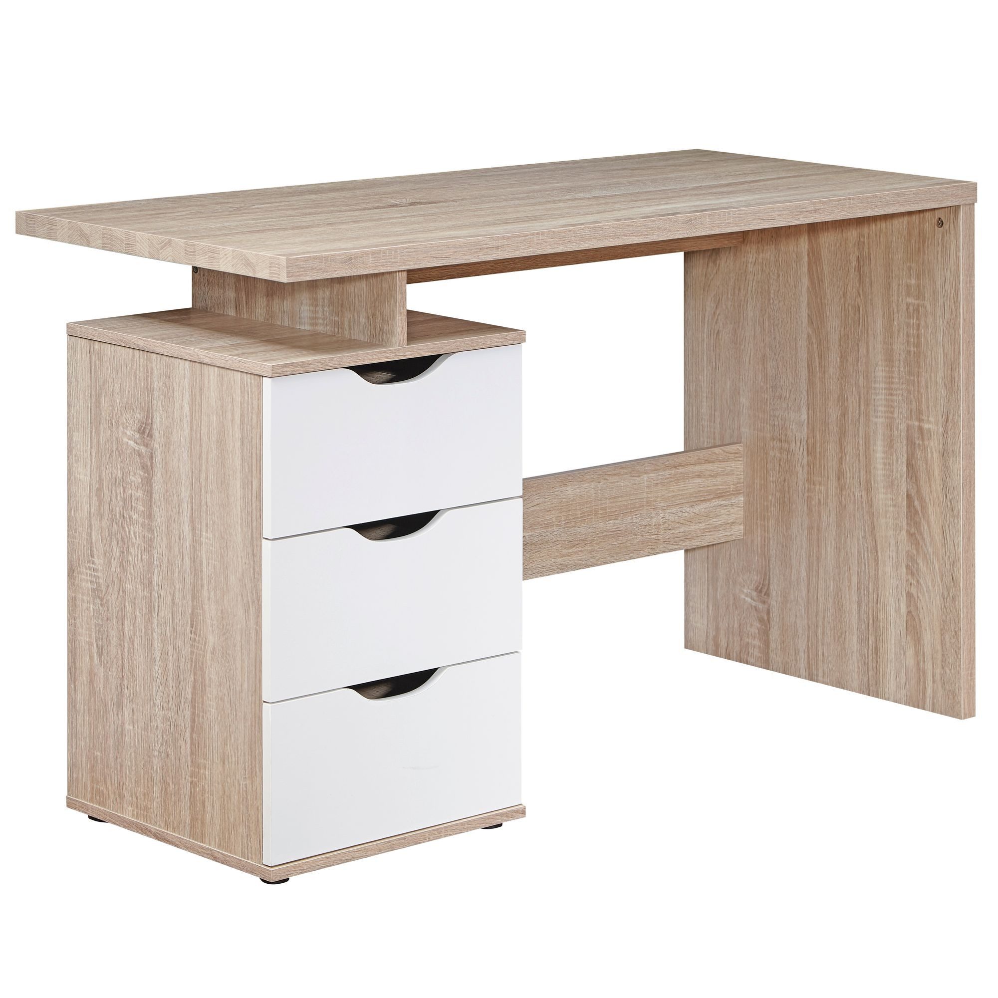 Wohnling Schreibtisch WL1.795 (120x76x53 cm mit 3 Schubladen Sonoma Eiche / Weiß), Bürotisch Home Office, PC-Tisch mit Stauraum
