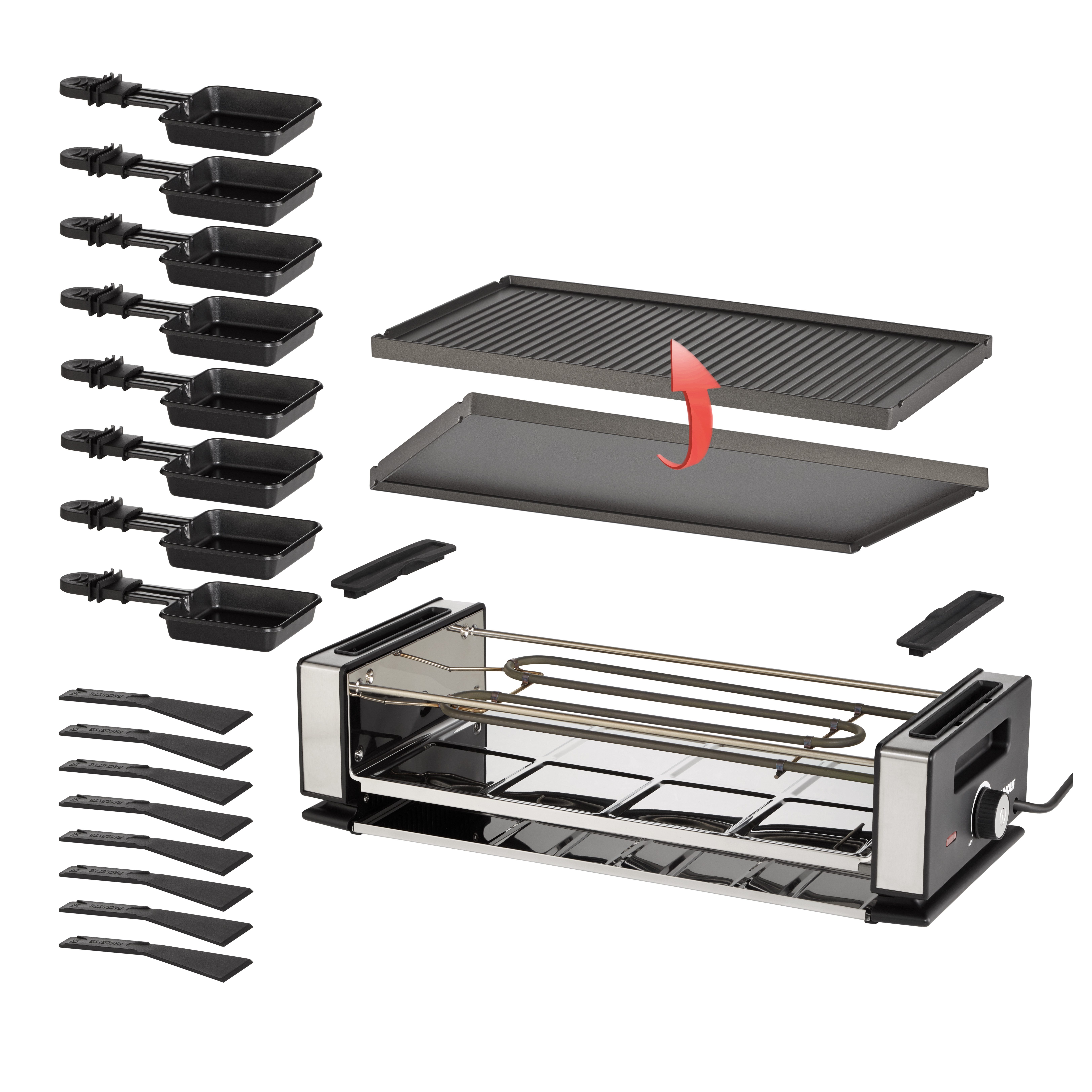 Unold Raclette Finesse Basic 48730, 8 Raclettepfännchen, 1200 W, wendbare Grillplatte glatt und geriffelt