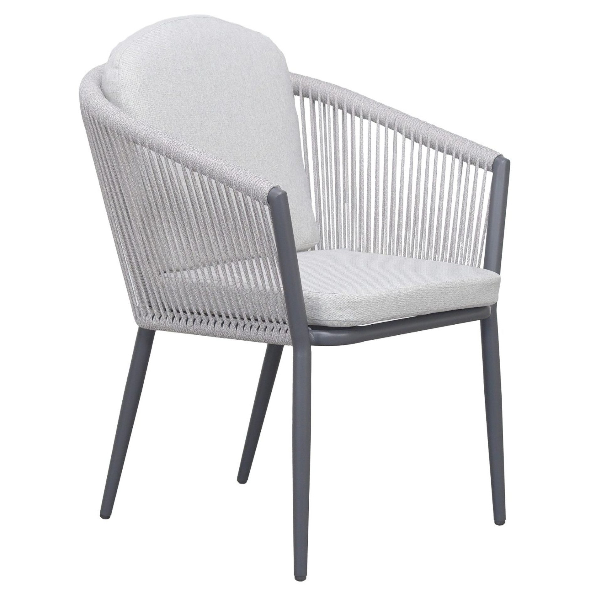 Liadomo Gartenstuhl Latina, Gartensessel, Stapelstuhl, Diningsessel für Terrasse (hellgrauer Outdoor-Stuhl), stapelbar, inkl. Kissenset, Rope-Bespannung, Alu