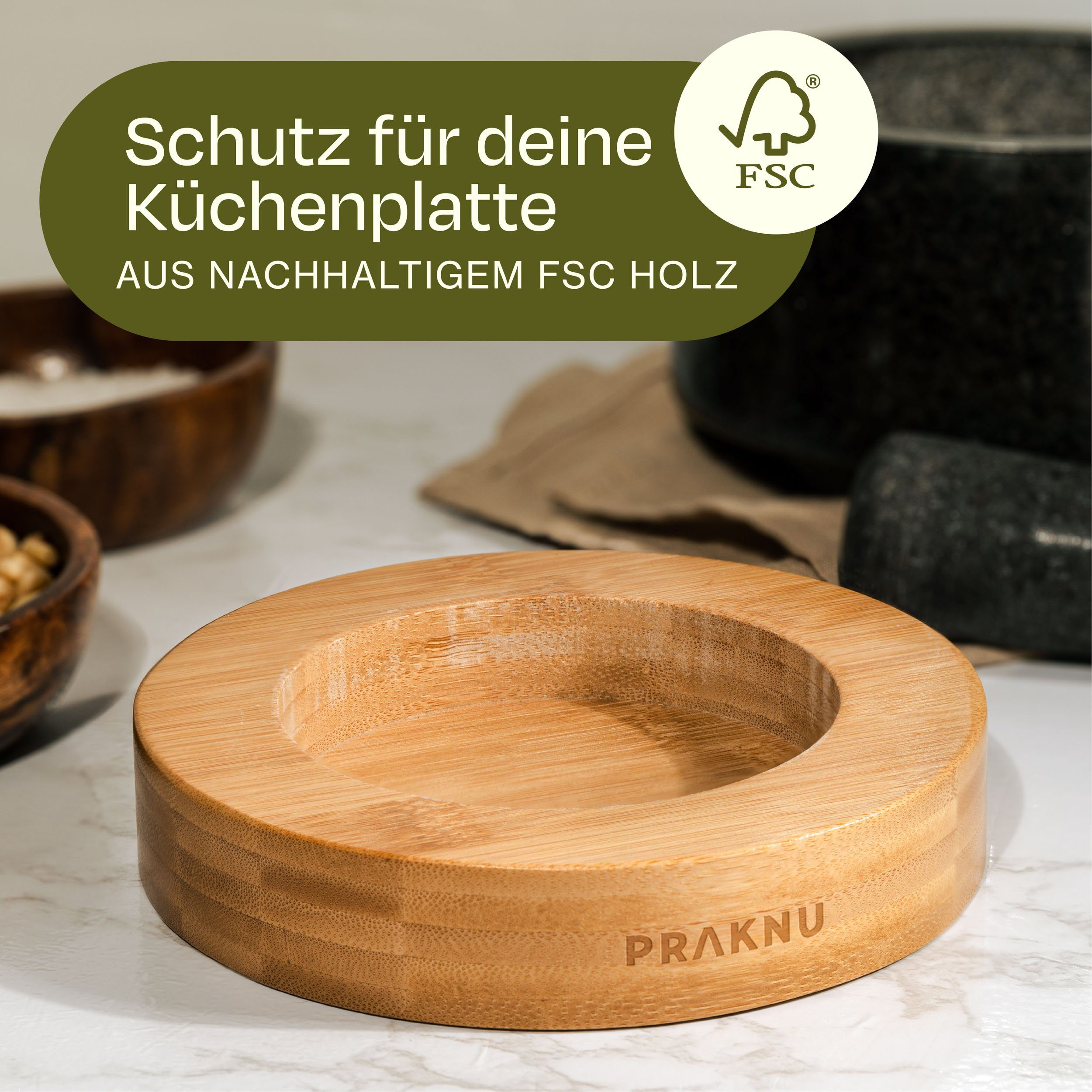 Praknu Mörser Mörser mit Stößel aus Granit - Für ein feines Mahlergebnis - Mit, Für ein feines Mahlergebnis - Untersetzer aus nachhaltigem FSC Holz