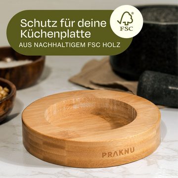 Praknu Mörser und Stößel Granit Groß - Leicht zu Reinigen - Plastikfreie Verpackung, Für ein feines Mahlergebnis - Untersetzer aus nachhaltigem FSC Holz
