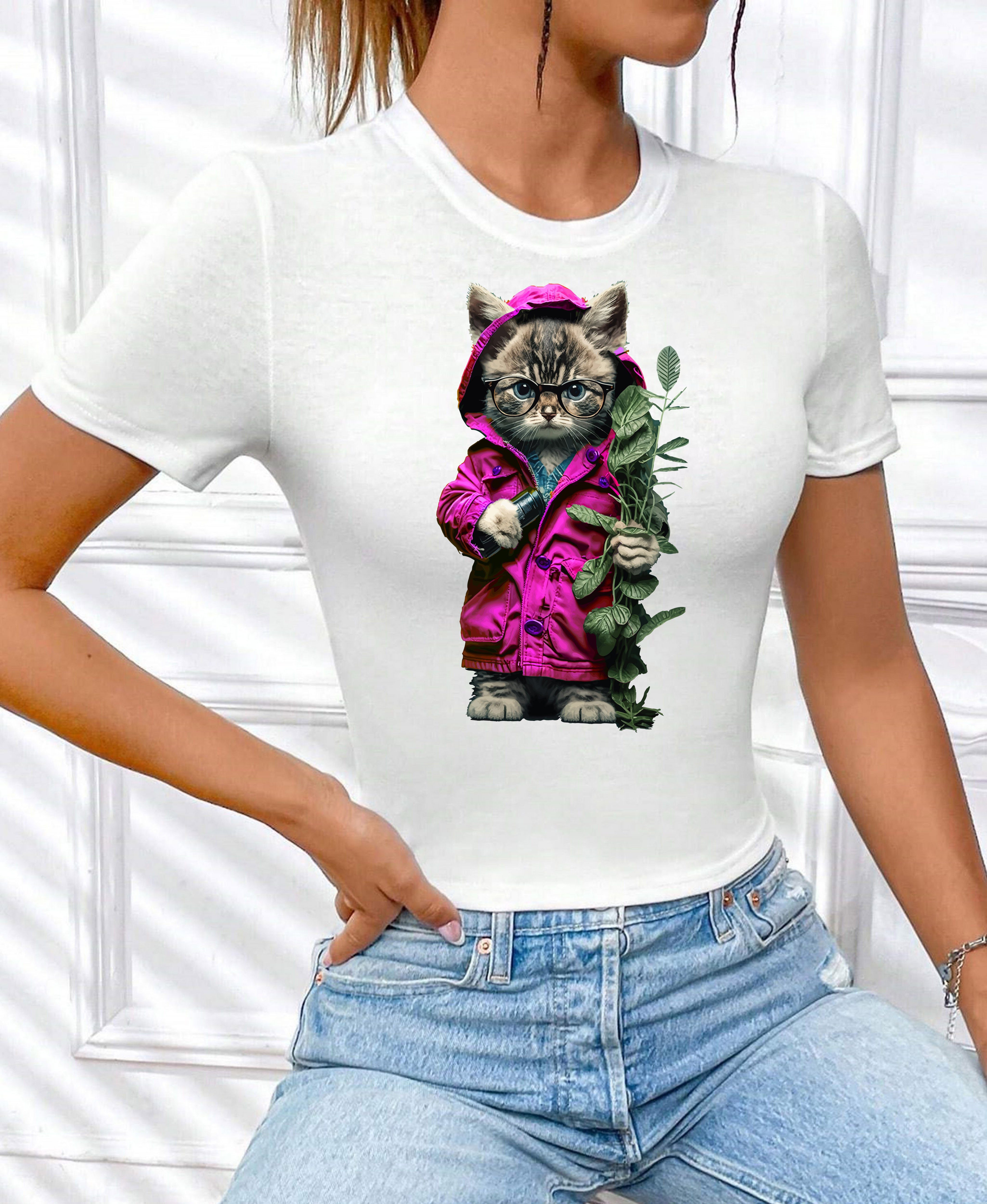 Top RMK kurzarm Baumwolle, Freizeit T-Shirt "Cat Rundhals Blume Damen Garten lizenziertem aus Unifarbe, Weiß-Pink_2 Print mit Katze" Shirt in