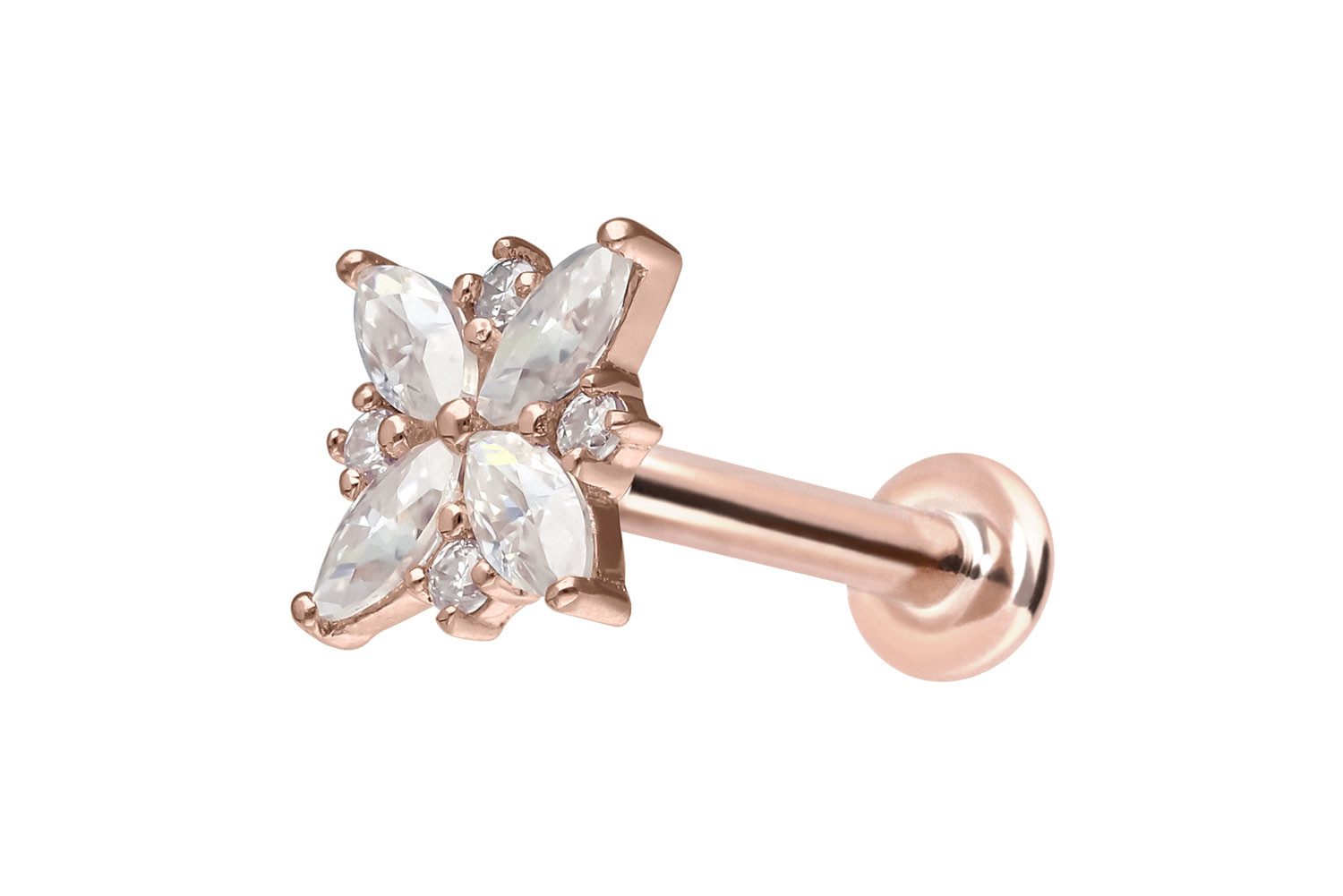 Piercing-Set 14 Karat Gold Labret mit Innengewinde MOISSANIT-BLUME