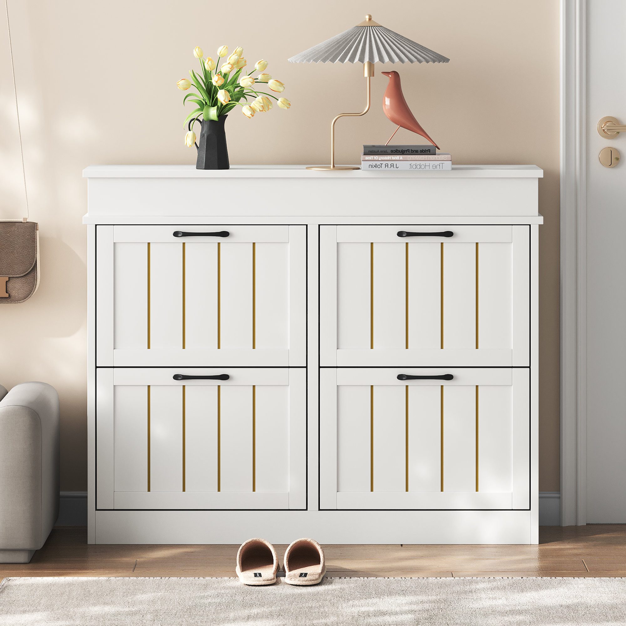 Odikalo Schuhschrank Schuhkipper Eingangsbereich 4 Kipptüren mit 8 Fächern (Schuhregal Aufbewahrungsschrank mit Schwarzer Griff Kann in Fluren Türen und Wohnzimmern MDF 105x24x83cm)