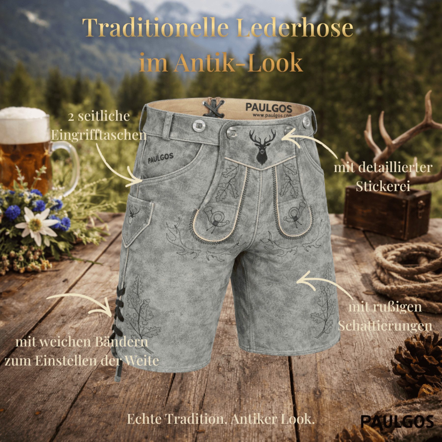 PAULGOS Trachtenhose Herren Lederhose Kurz mit Trägern 100% Echtleder - HK5 ANTIK