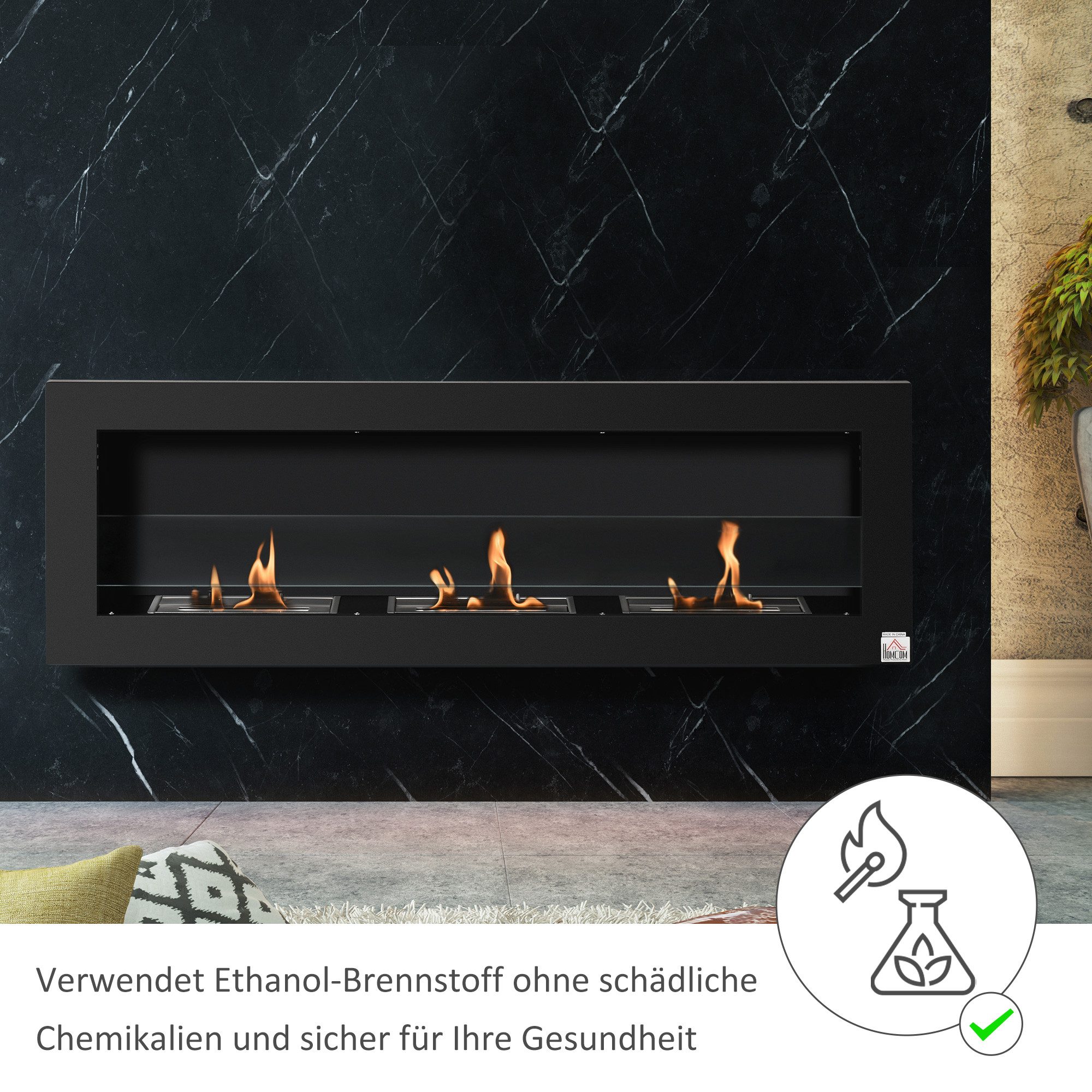 HOMCOM Echtfeuer-Dekokamin 3 Brennboxen 1L 2000W kein Rauch gehärtetes Glas, Bio-Ethanol-Brenner, 3 Std. Brenndauer, 120 x 15 x 40 cm, Schwarz – Bild 4 von 5
