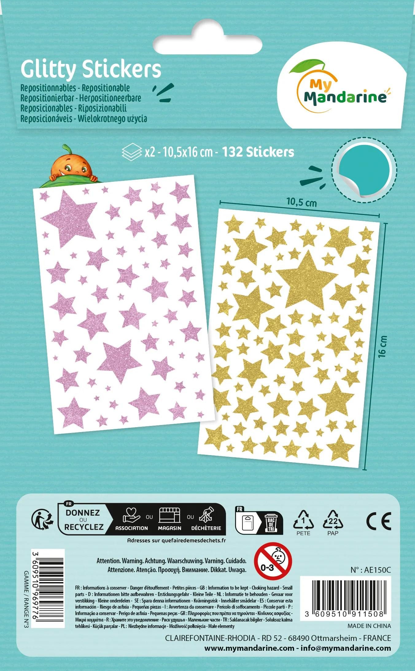 maildor Sticker 10x Glitty, 2 Stickerbogen 10,5x16cm, Sterne, Zartrosa und Gold AE150C, My Mandarine