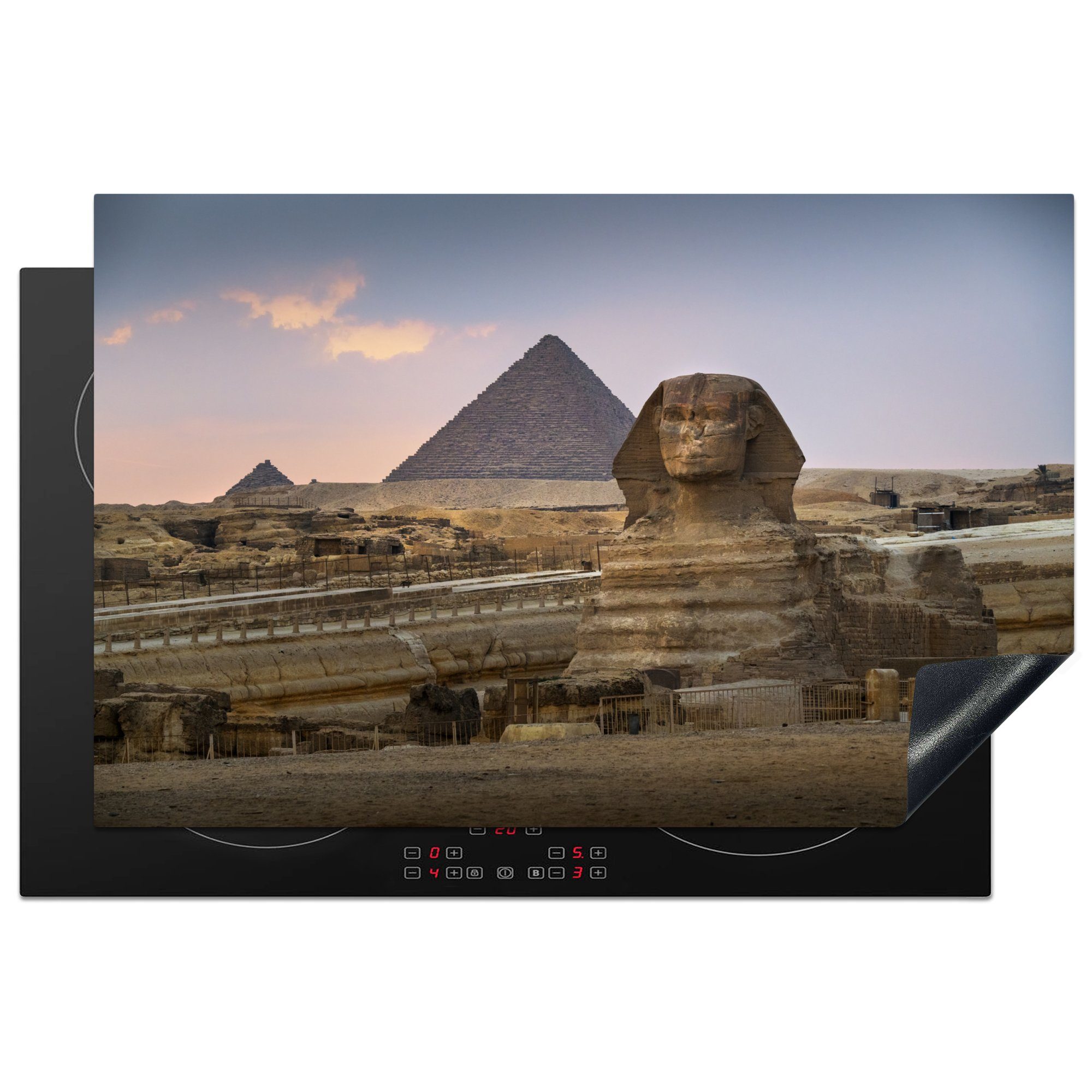 MuchoWow Herdblende-/Abdeckplatte Die Sfynx vor den ägyptischen Pyramiden bei Sonnenuntergang, Vinyl, (1 tlg), 81x52 cm, Induktionskochfeld Schutz für die küche, Ceranfeldabdeckung