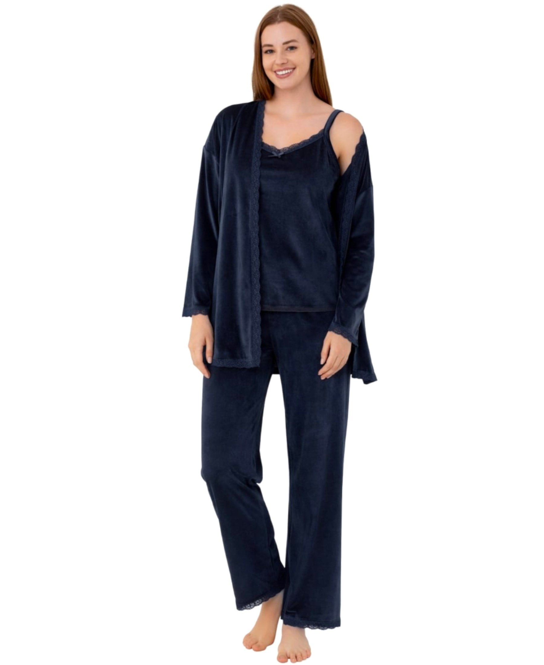 fashionshowcase Hausanzug 3 teiliger Pyjama Schlafanzug mit Morgenmantel 100% Samt