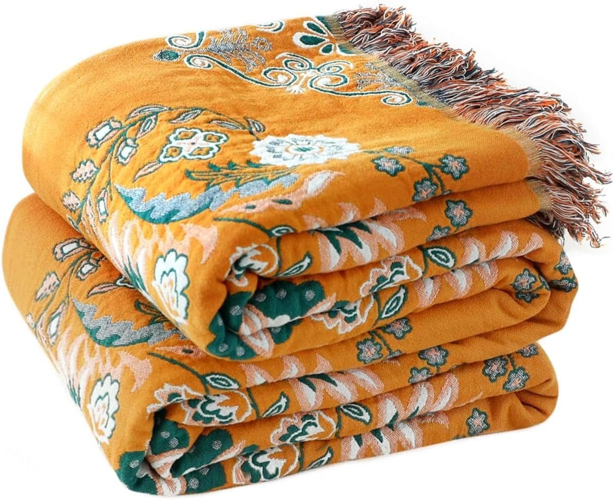 Wohndecke Doppelseitig bestickte Baumwolldecke 4-lagig Boho Stil dekorativ, FELIXLEO