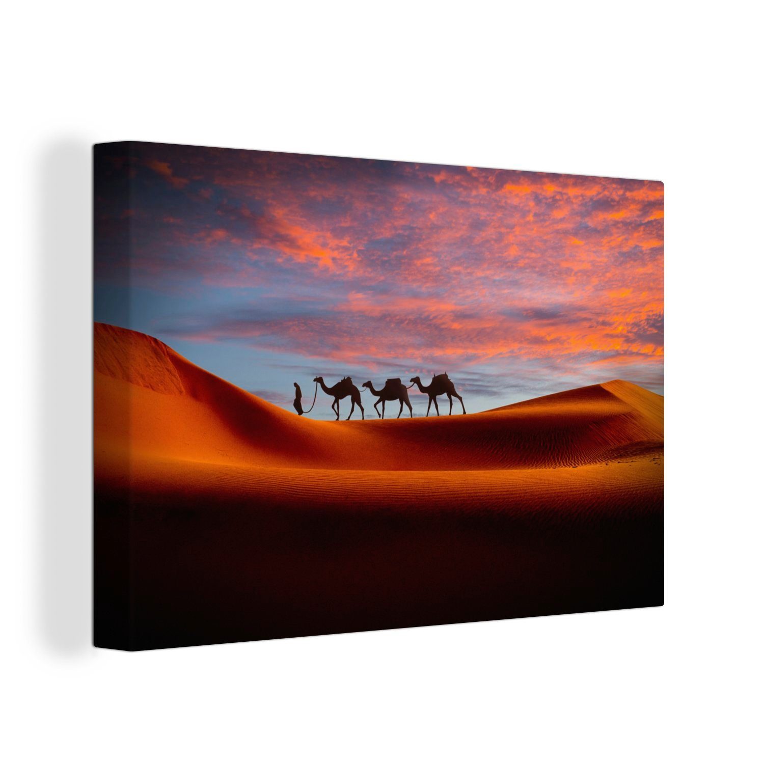 OneMillionCanvasses® Leinwandbild Kamele - Mensch - Sonnenuntergang, Fotodruck (1 St), Leinwand Bilder Klein, Wand Dekoration Aesthetic 30x20 cm