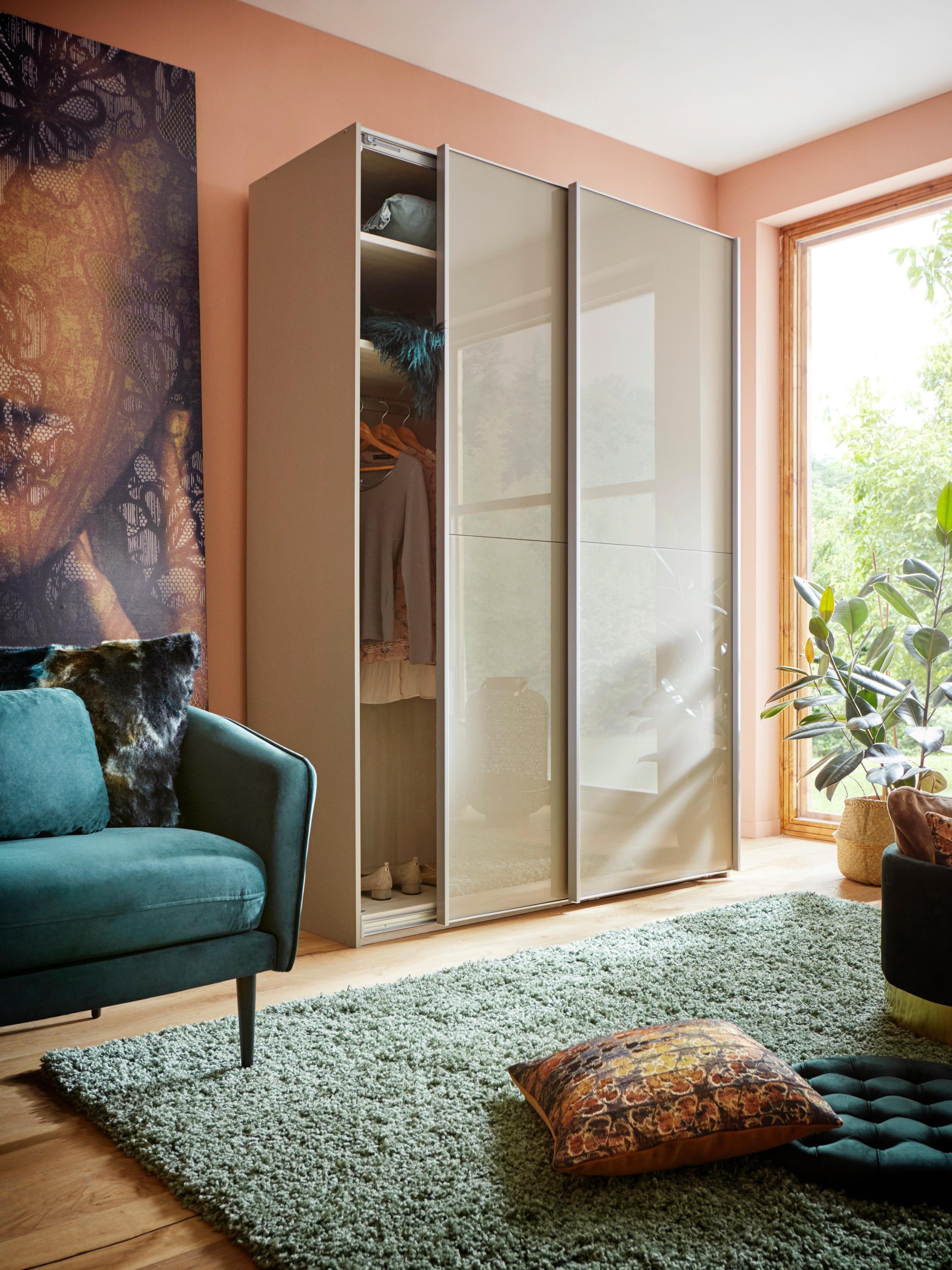 WIEMANN Schwebetürenschrank Orion, Kleiderschrank, Schrank, Wäscheschrank, mit Schiebetüren hochwertige Glasfront, variable Inneneinteilung, stilvolle Optik