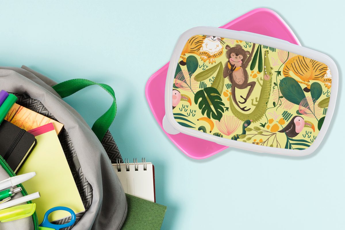 Lunchbox - rosa Kunststoff, Kunststoff Erwachsene, Tiere - Brotbox Kinder, Brotdose Dschungel Gelb, Mädchen, MuchoWow Snackbox, für (2-tlg),