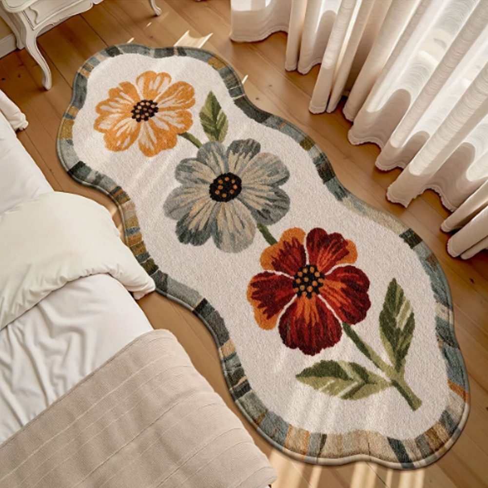 FANNOU Teppich Kurzflor, Teppiche Schlafzimmer Weich Modern Imitationskaschmir, 50x110cm, mit rutschfest Unterseite Blume Stil Schlafzimmerteppich Waschbar