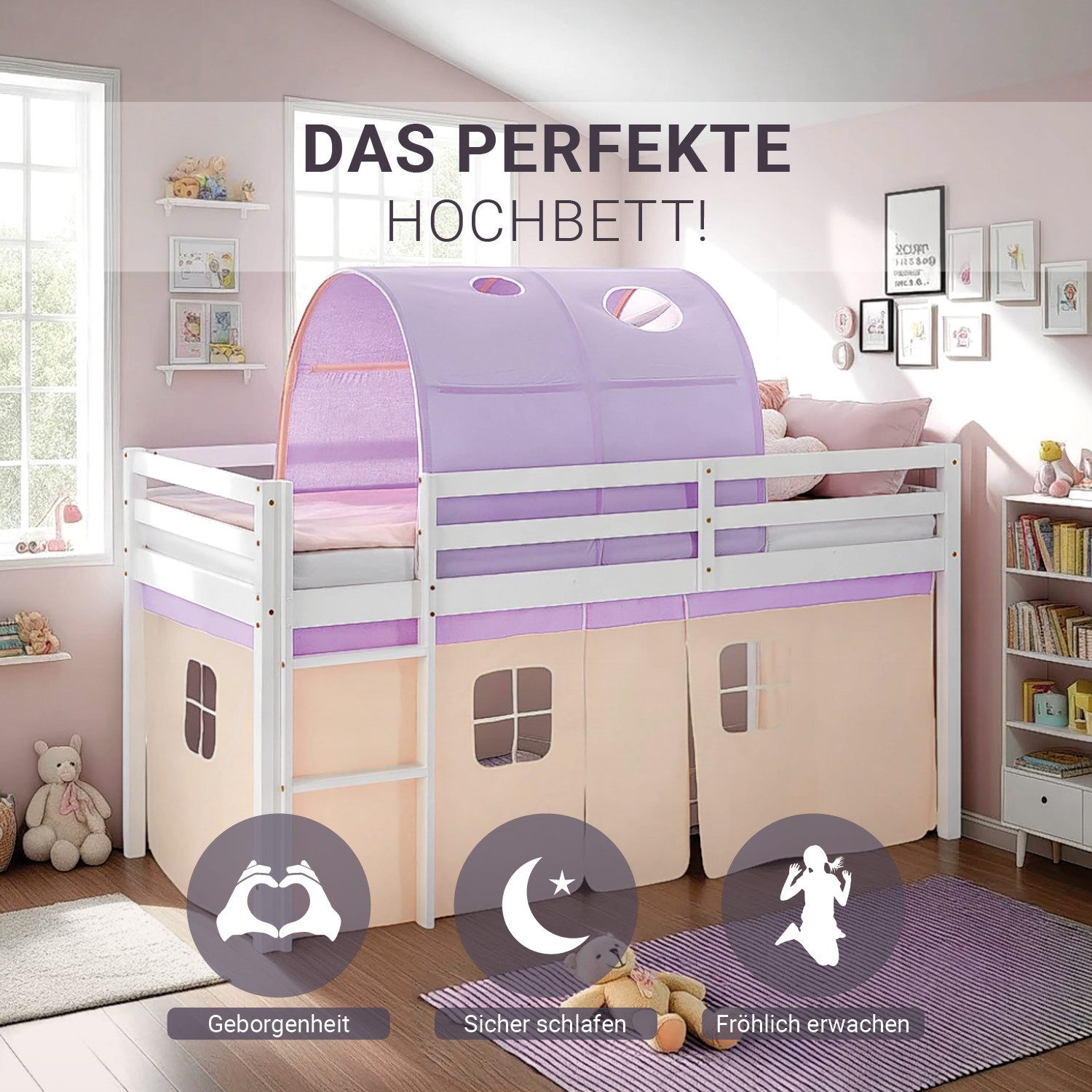 Homestyle4u Hochbett 90x200 Stockbett Kinderbett Holz Kiefer Weiß Lila Beig günstig online kaufen