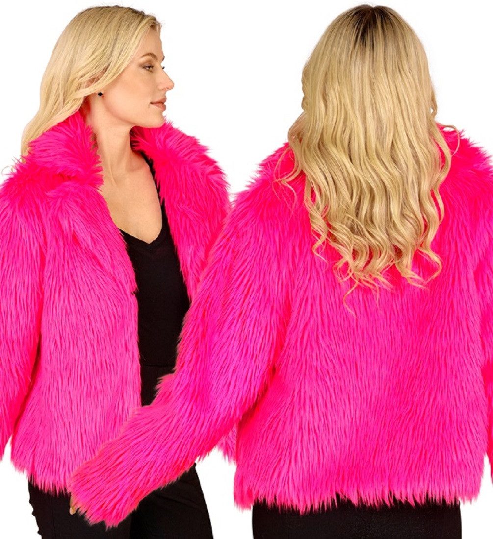 Widmann S.r.l. Plüschjacke Kunstfelljacke in Neon-Pink S/M 90er Jahre Rave Gabber Techno Style Qutfit für Rave Techno Gabber CSD – Bild 2 von 5