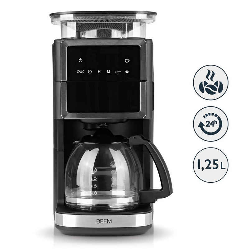 BEEM Filterkaffeemaschine FRESH-AROMA-PERFECT III Mahlwerk - Glas - schwarz/silber, Permanentfilter, 10 Tassen geeignet für Kaffeepulver und ganze Bohnen