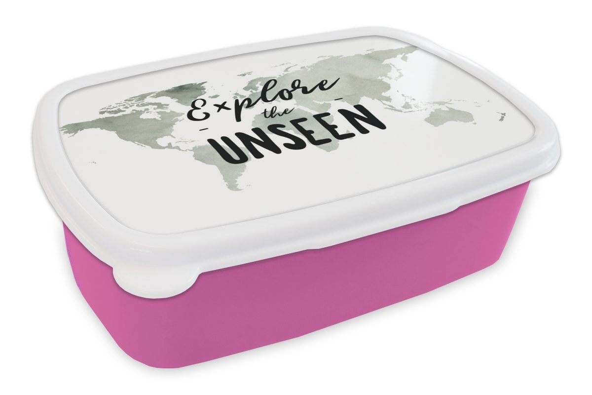 MuchoWow Lunchbox Weltkarte - Weiß - Zitat, Kunststoff, (2-tlg), Brotbox für Erwachsene, Brotdose Kinder, Snackbox, Mädchen, Kunststoff rosa