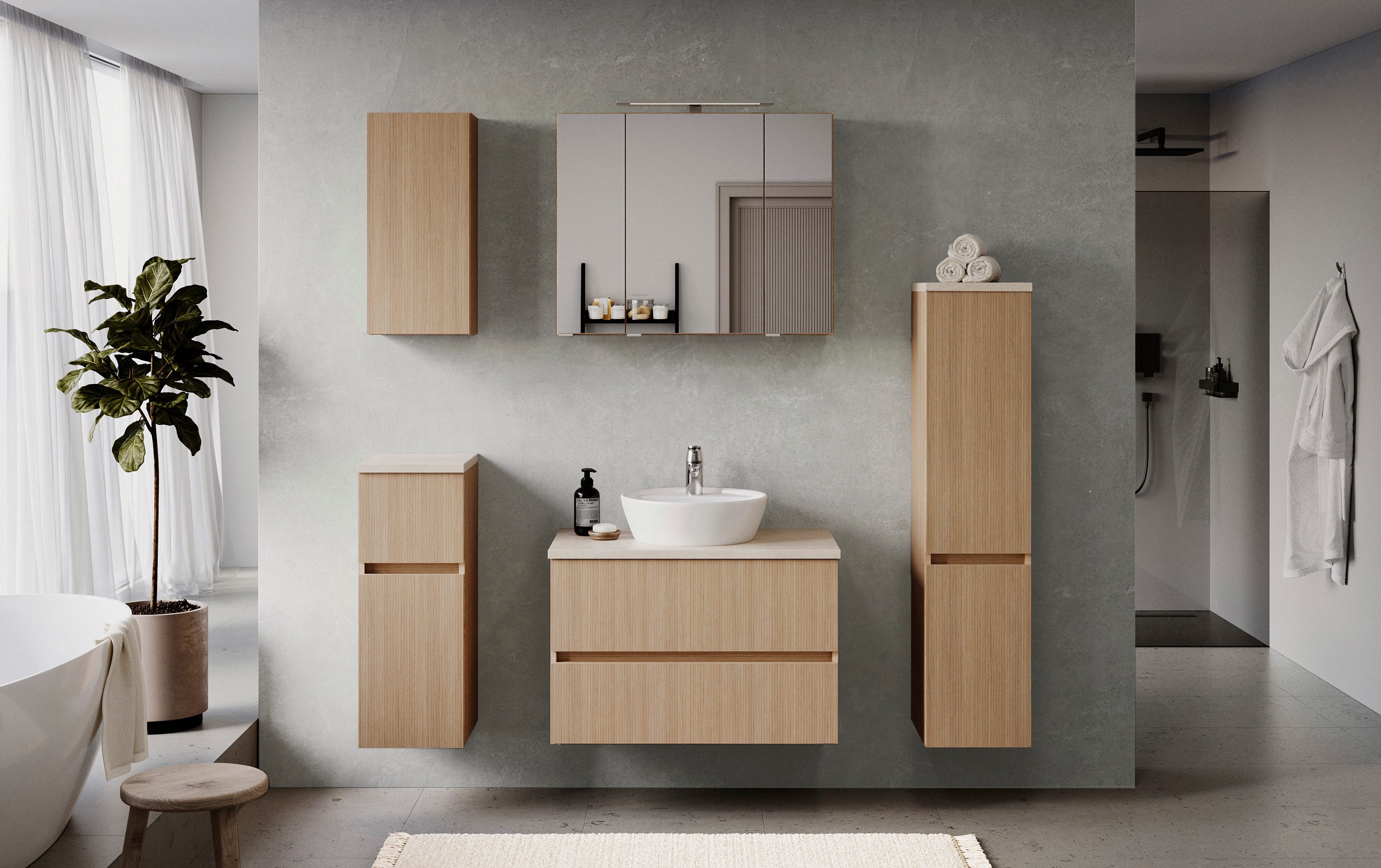 welltime Badmöbel-Set EIXO, 5tlg.-Set: Spiegelschrank, Unterbeckenschrank und Beimöbel, Set 120 cm breit, Badmöbel mit LED-Beleuchtung