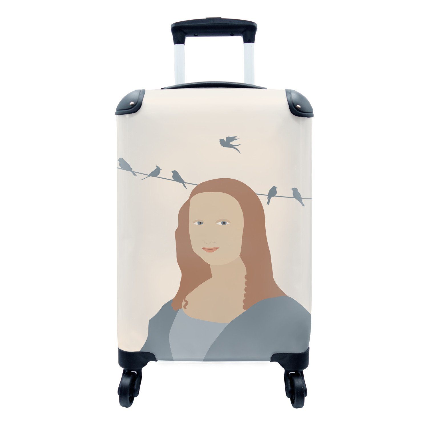 MuchoWow Handgepäckkoffer Pastell - Mona Lisa - Vögel, 4 Rollen, Reisetasche mit rollen, Handgepäck für Ferien, Trolley, Reisekoffer