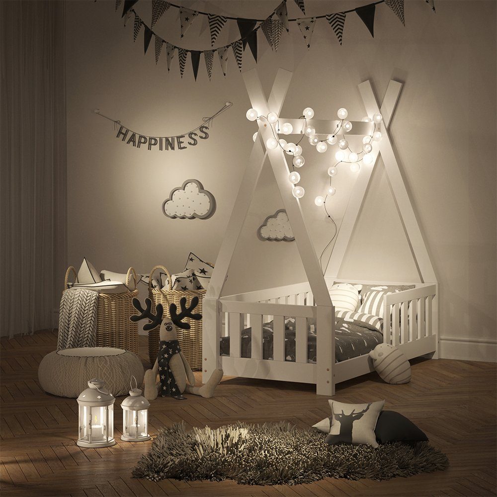 VitaliSpa® Kinderbett Tipi, Weiß, 70x140 cm mit Zaun