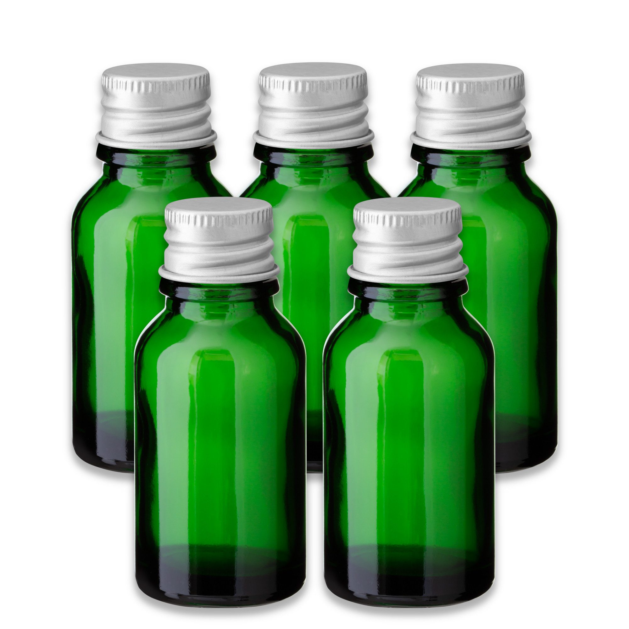 CK Verpackung GmbH Leerglas 5x Grüne Glasflasche 15 ml mit silbernem Aluminiumverschluss - 18/415 (Set x5)