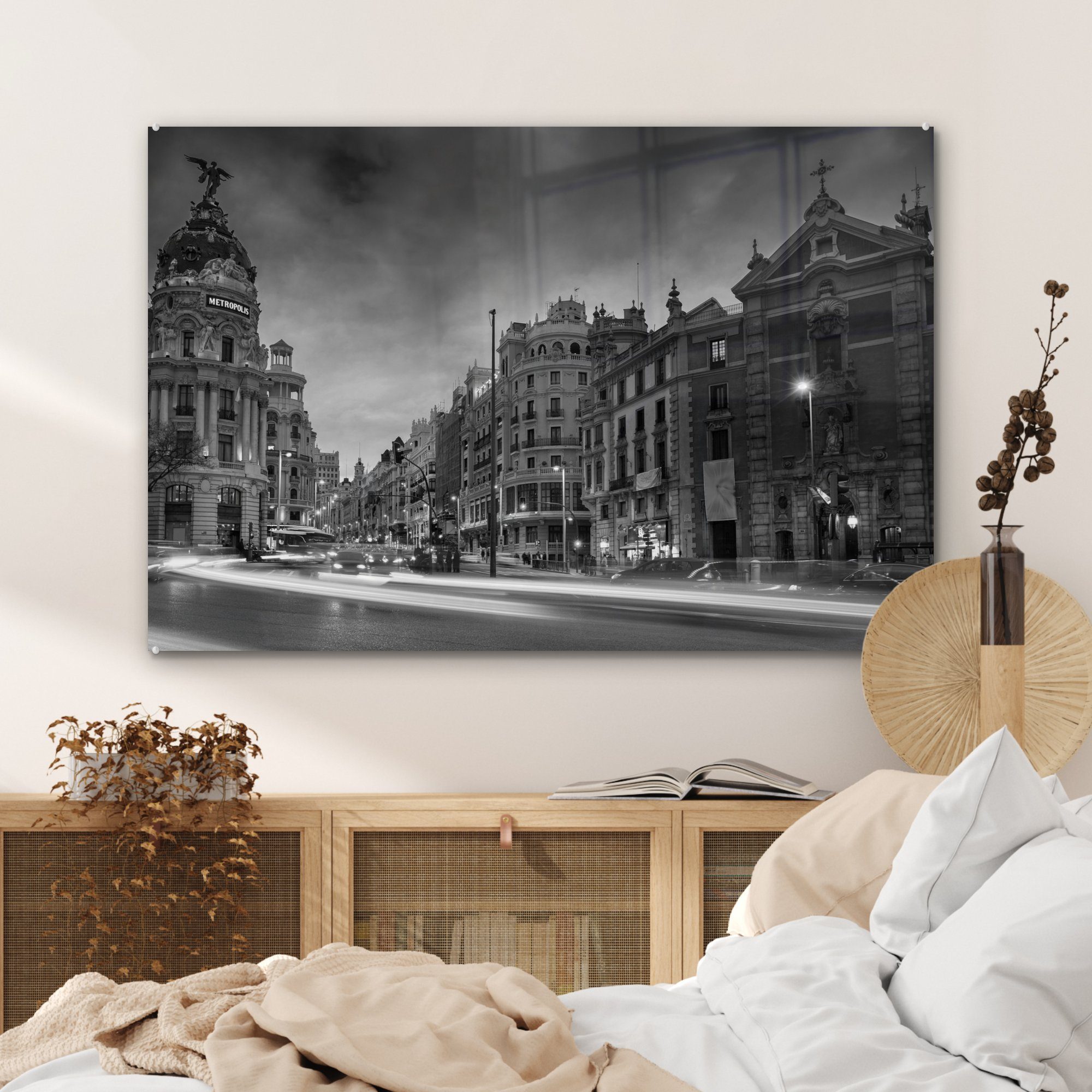 Wohnzimmer Madrid Schwarz - Schlafzimmer - Acrylglasbild St), & Straße Acrylglasbilder MuchoWow - (1 Weiß,