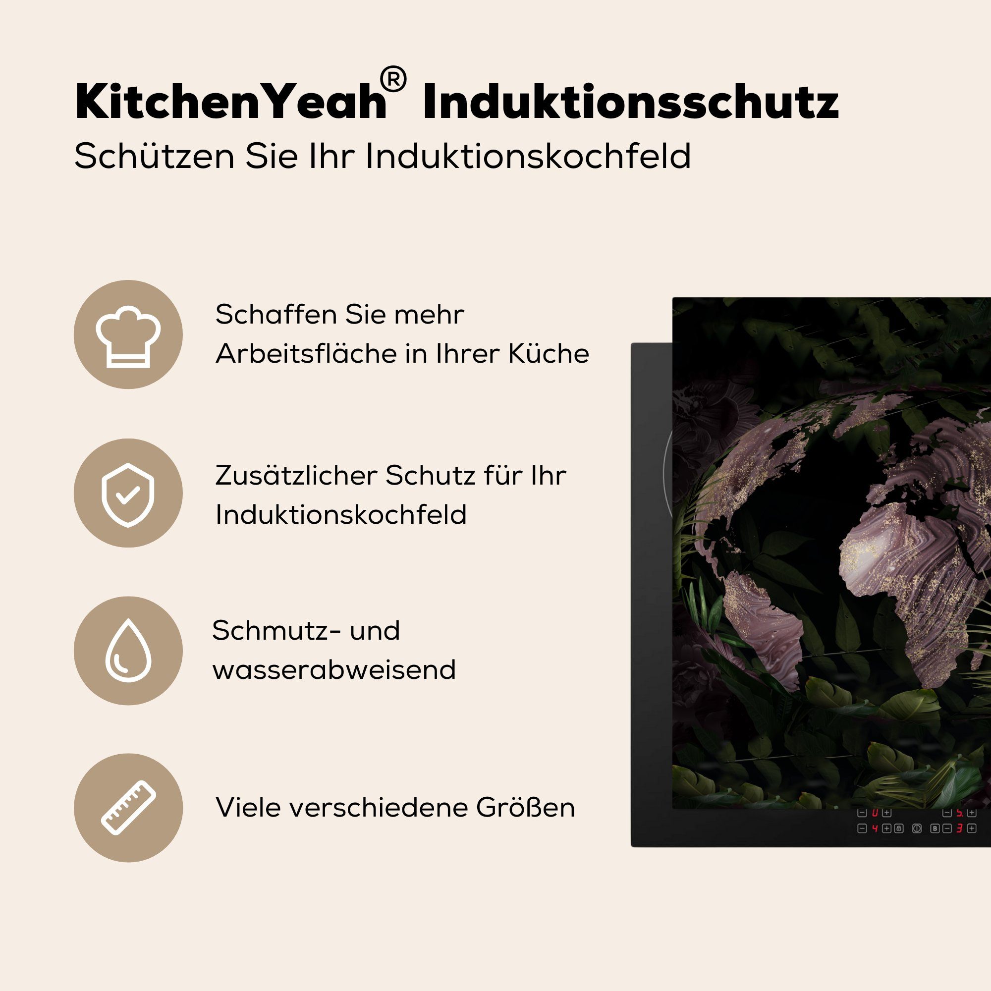 MuchoWow Herdblende-/Abdeckplatte Weltkarte - für cm, Vinyl, Lila, tlg), küche Pflanzen (1 78x78 Ceranfeldabdeckung, Arbeitsplatte 