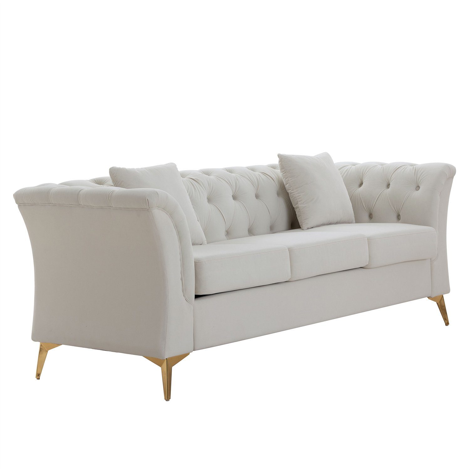 3-Sitzer, mit edler Knopfheftung und gepolsterten Armlehnen, inklusive Federkern, Polstersofa mit 2 Zierkissen, Metallbein, Chesterfield-Optik
