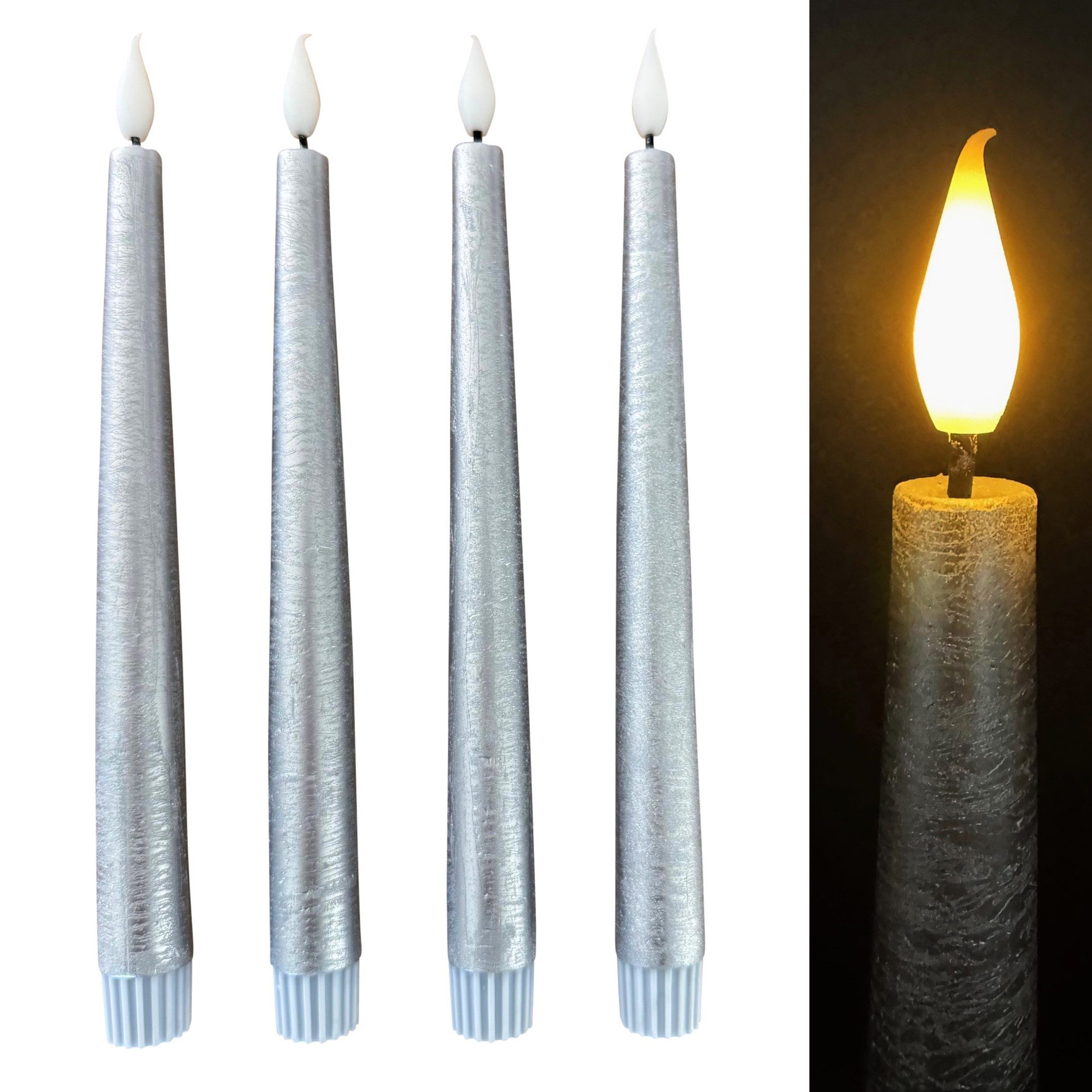 Online-Fuchs LED-Kerze 4 LED Stabkerzen aus Echtwachs im Set mit Touch & Timer (Metallic Rot, Weiß, Taubenblau, Champagner, Berry, 25 cm groß), Flackernde Flamme - 584