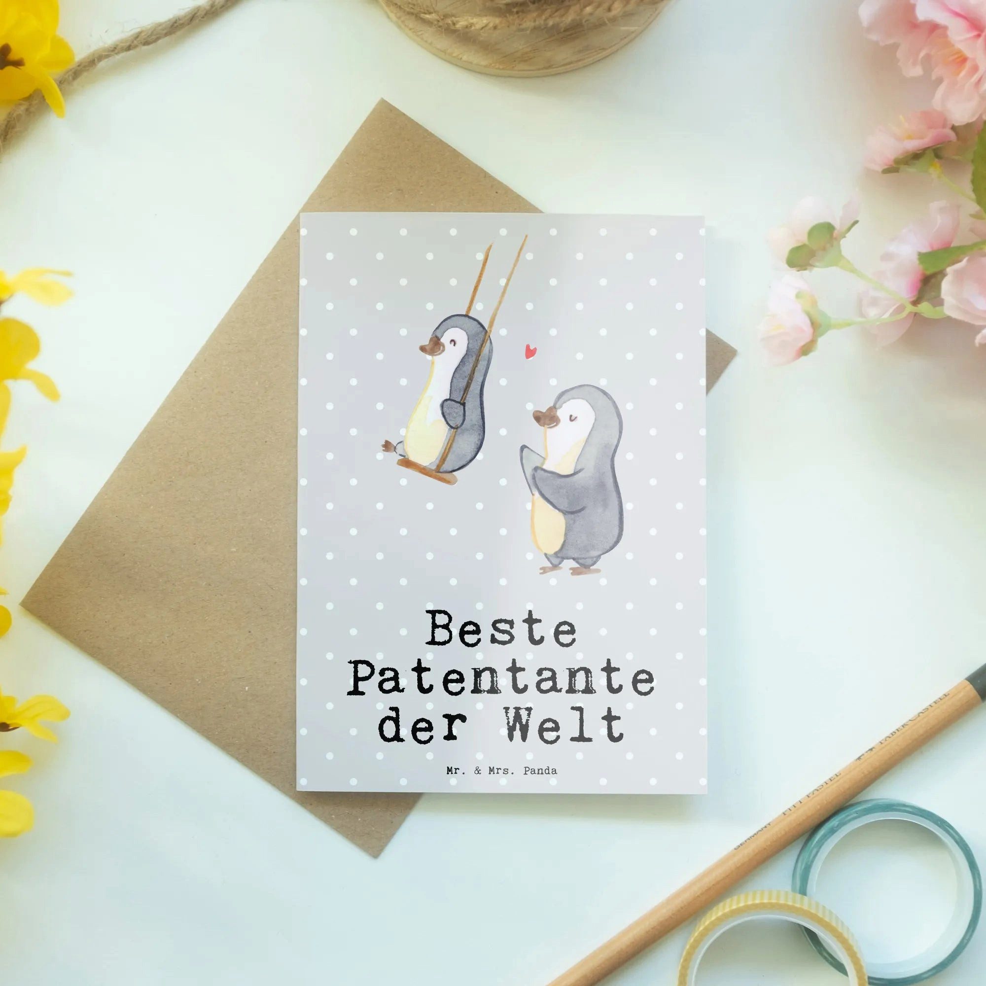 Thumbnail - Mr. & Mrs. Panda Grußkarte Pinguin Beste Patentante der Welt - Grau Pastell - Geschenk, Geschenk, Kreative Designs