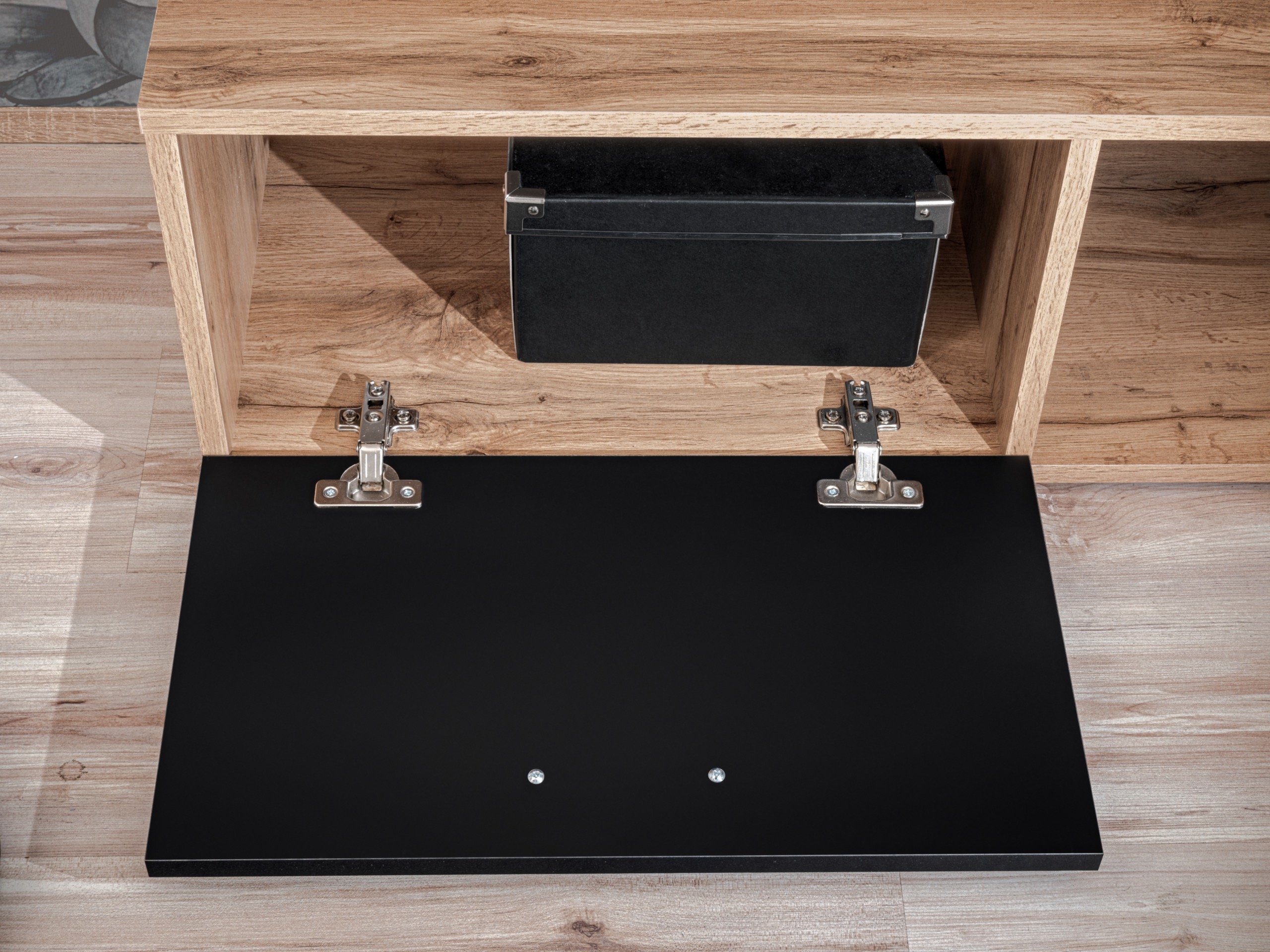 mit Eiche St), Wohnwand (2 (Set 1×TV-Lowboard, 3×Wandboard - Emo, Schwarz Komplettset), Wohnzimmer-Set, Stylefy 1×Wandpanel Wotan Matt