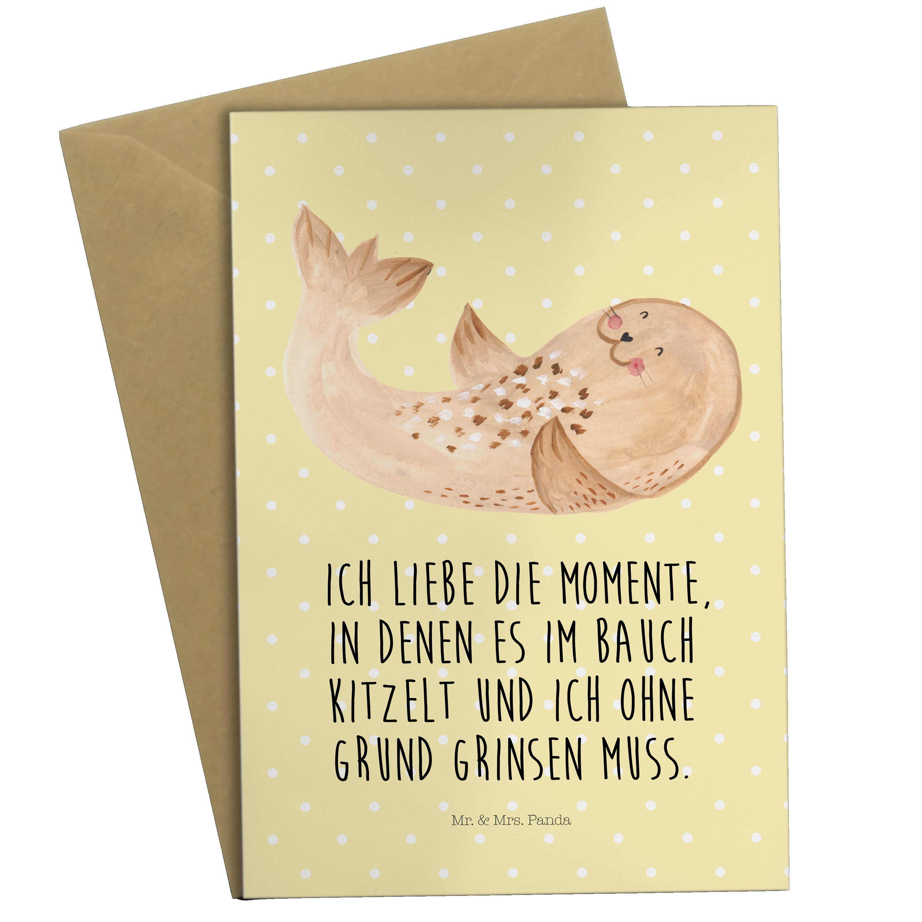 - - liegend Grußkarte Hochzeitskarte, Mr. Gelb & Panda Geschenk, Mrs. Einladungska Robbe Pastell