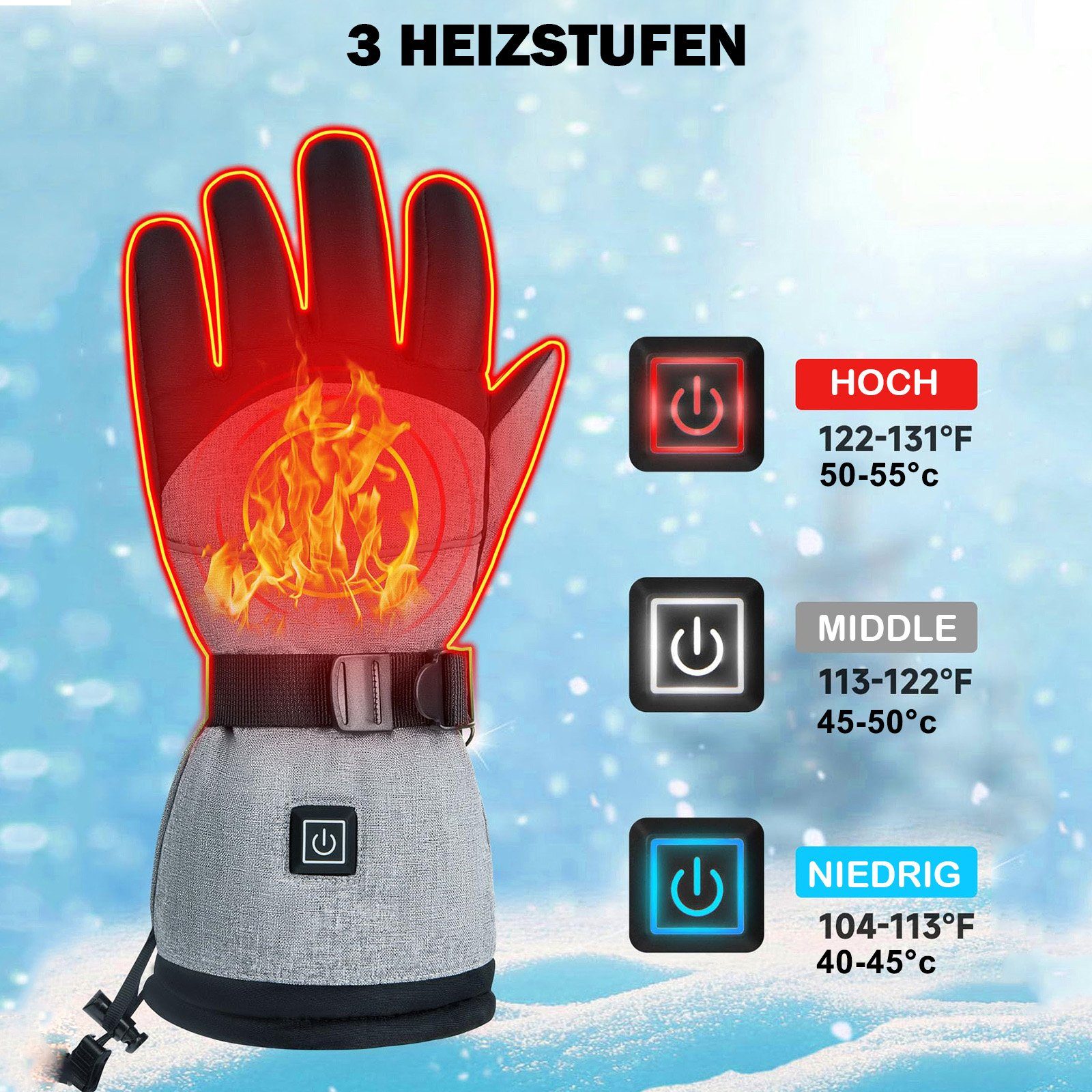 Temperatur Beheizte Sporthandschuhe Handschuhe Grau Fahrradhandschuhe Damen&Herren Thermo 3 für Winter Wasser 3AA-Batterie BTTO Touchscreen-Handschuhe Handschuhe