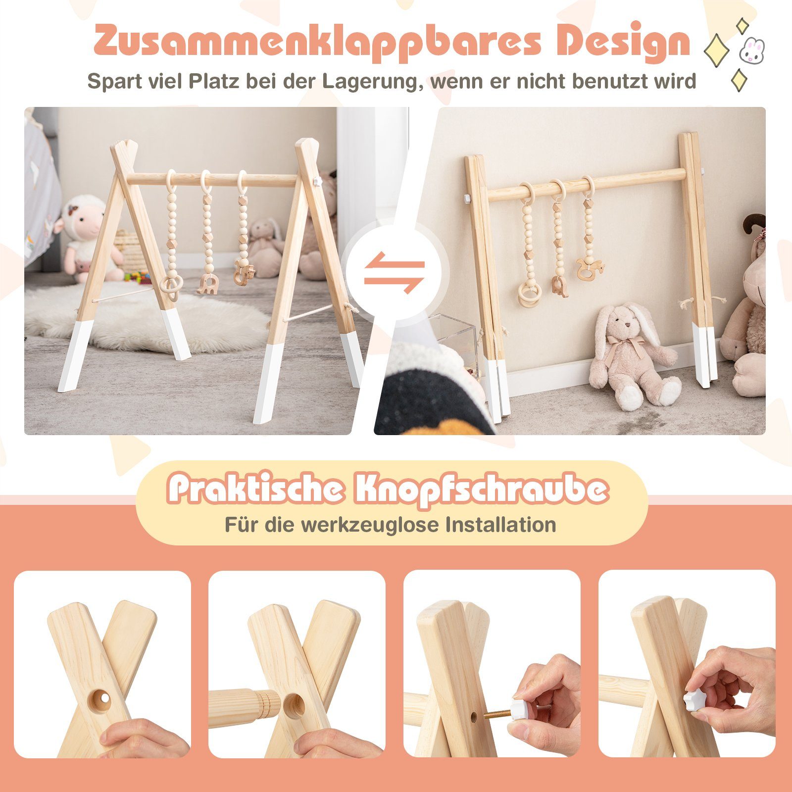COSTWAY Baby Gym Spielbogen, mit 3 Kinderspielzeugen, klappbar, aus Holz