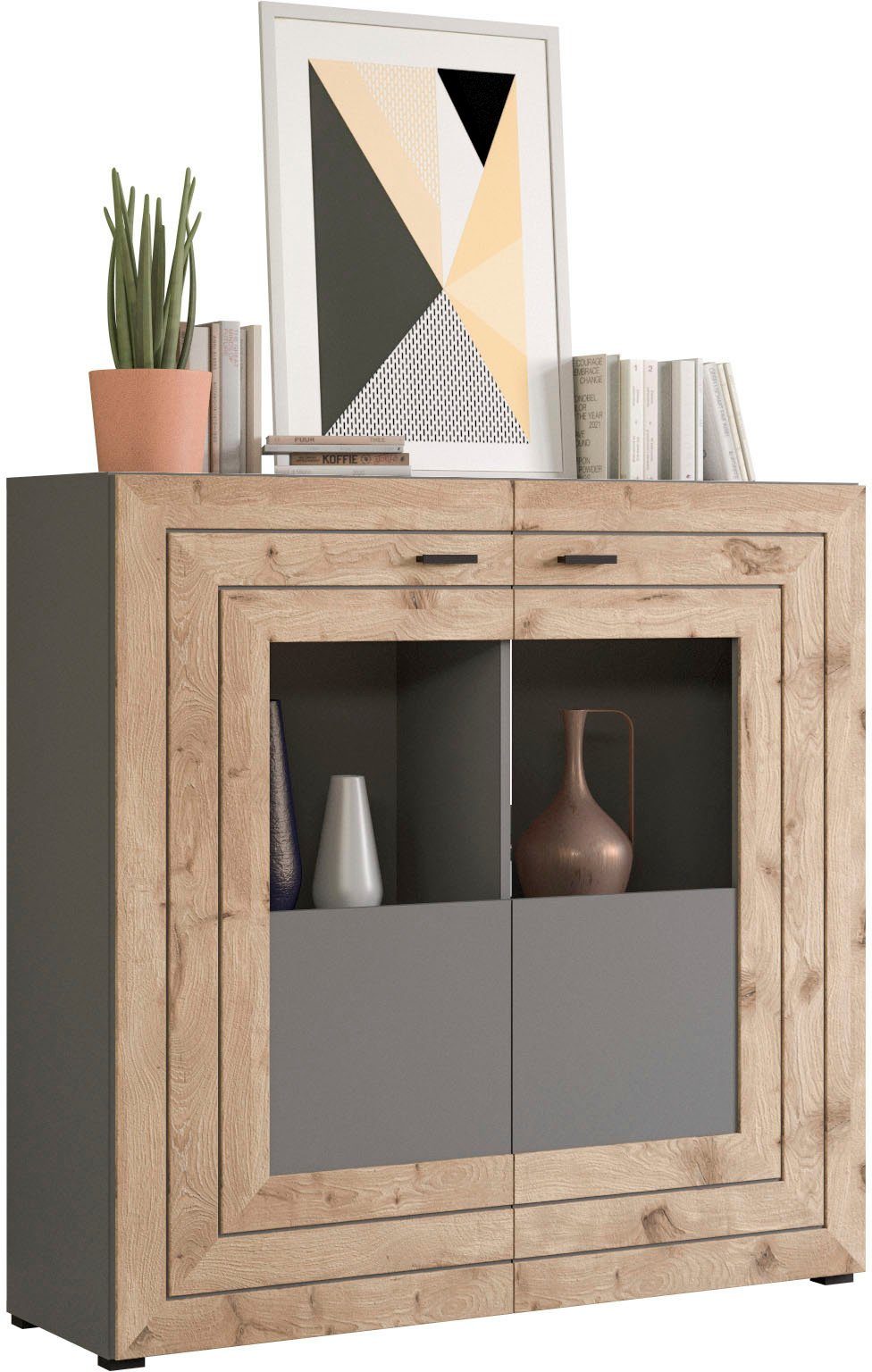 INOSIGN Highboard Aalborg, Höhe 117cm, 2 Glastüren, 6 Fächer, 2-farbig, Metallgriffe, Anrichte, Schrank, Kommode, Midischrank, Wohnmöbel, Wohnzimmer